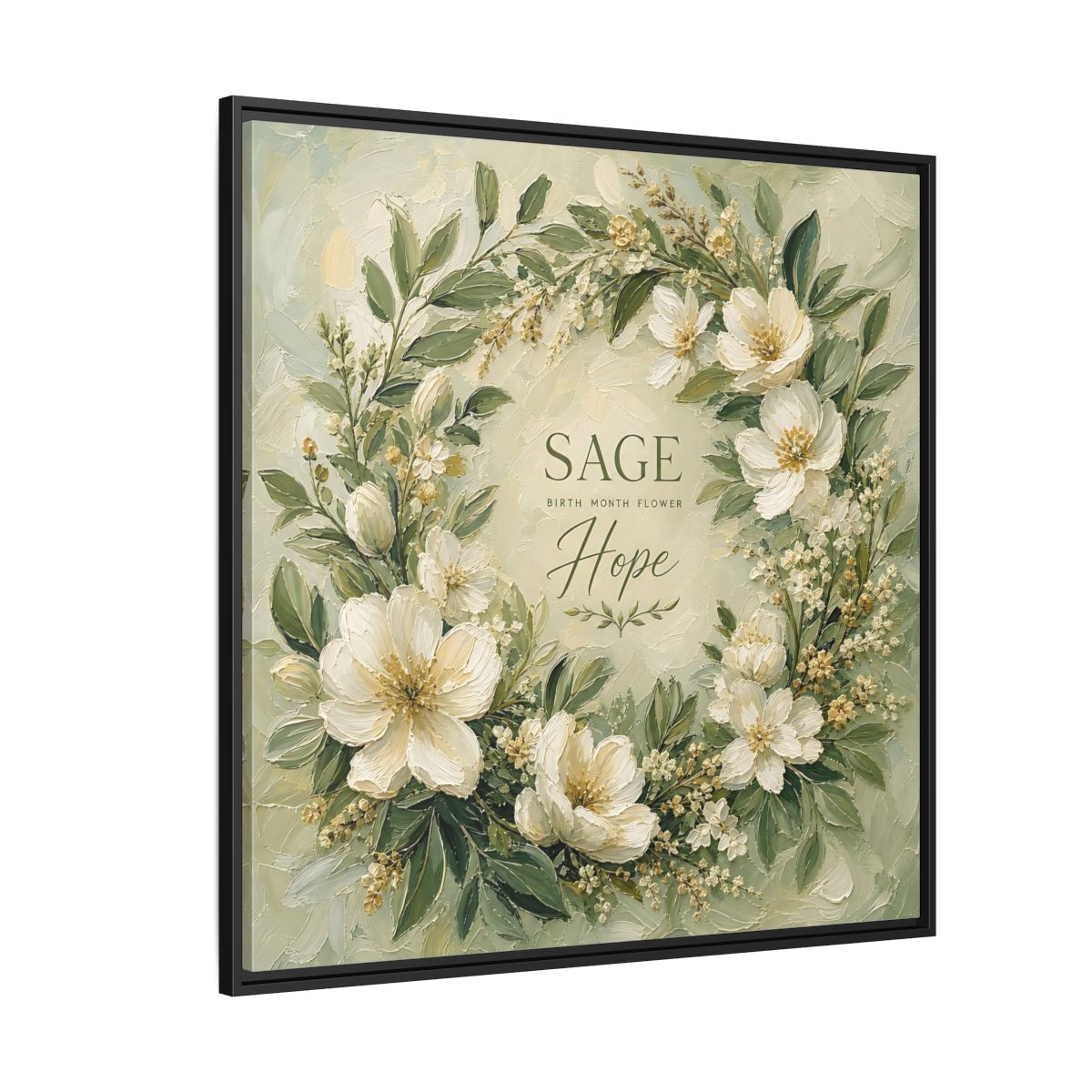 Side Mockup 6. Floral Floral Wreath Sage Green Floral shown as stretched canvas wall art