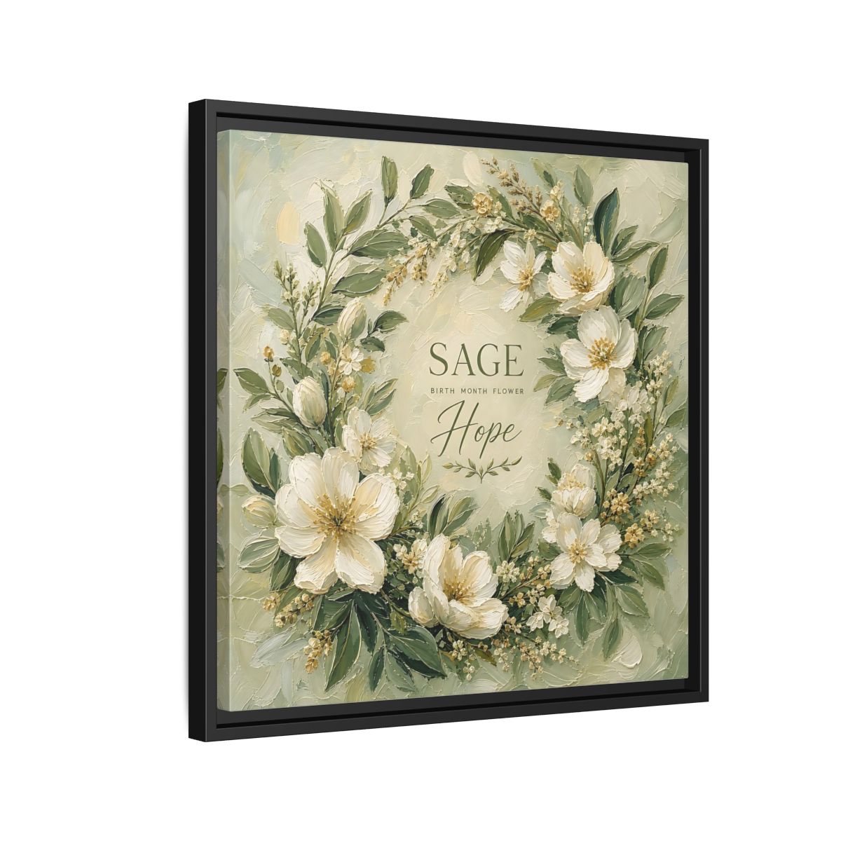 Side Mockup 12. Floral Floral Wreath Sage Green Floral shown as stretched canvas wall art