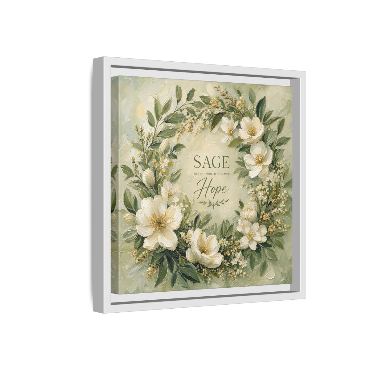 Side Mockup 16. Floral Floral Wreath Sage Green Floral shown as stretched canvas wall art