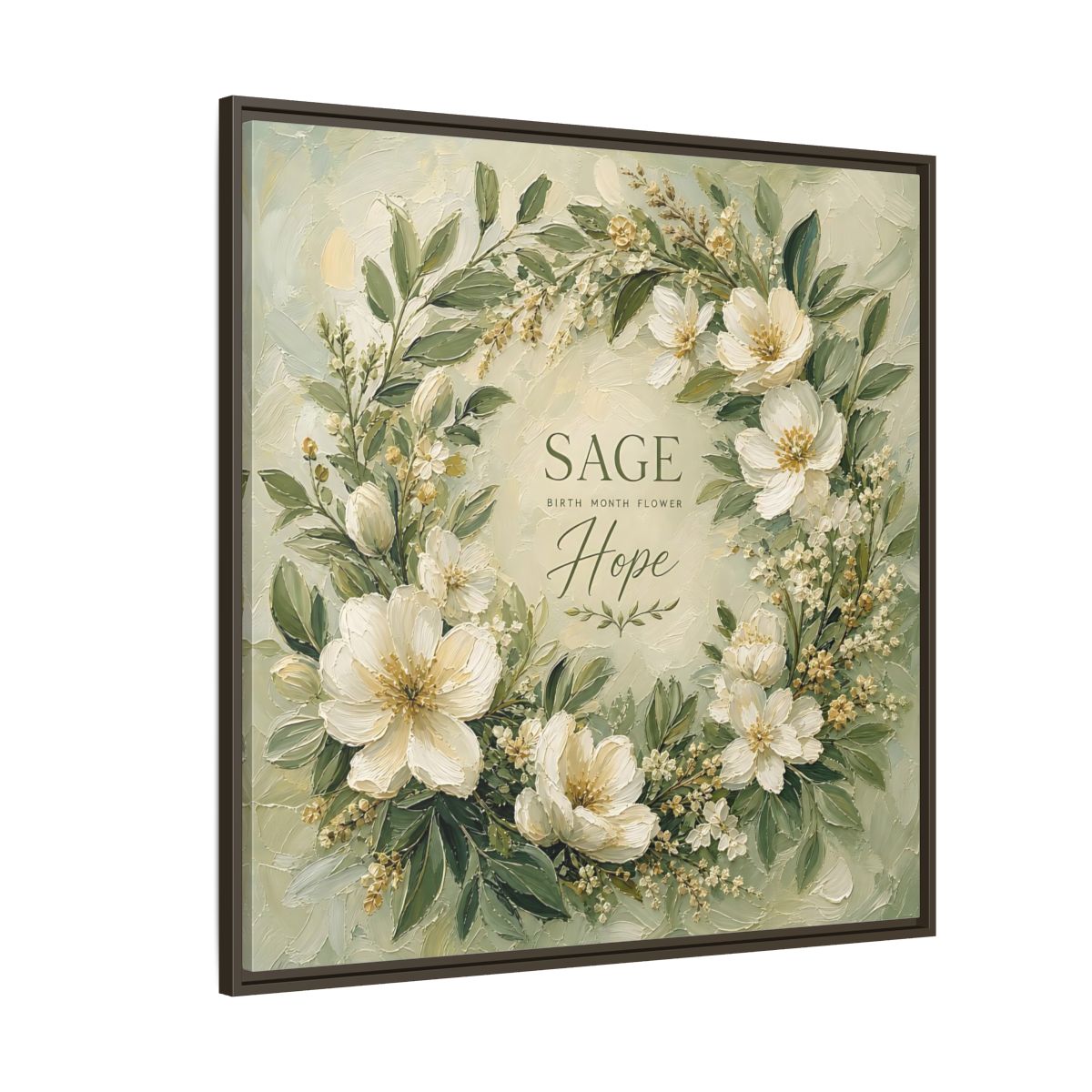 Side Mockup 5. Floral Floral Wreath Sage Green Floral shown as stretched canvas wall art