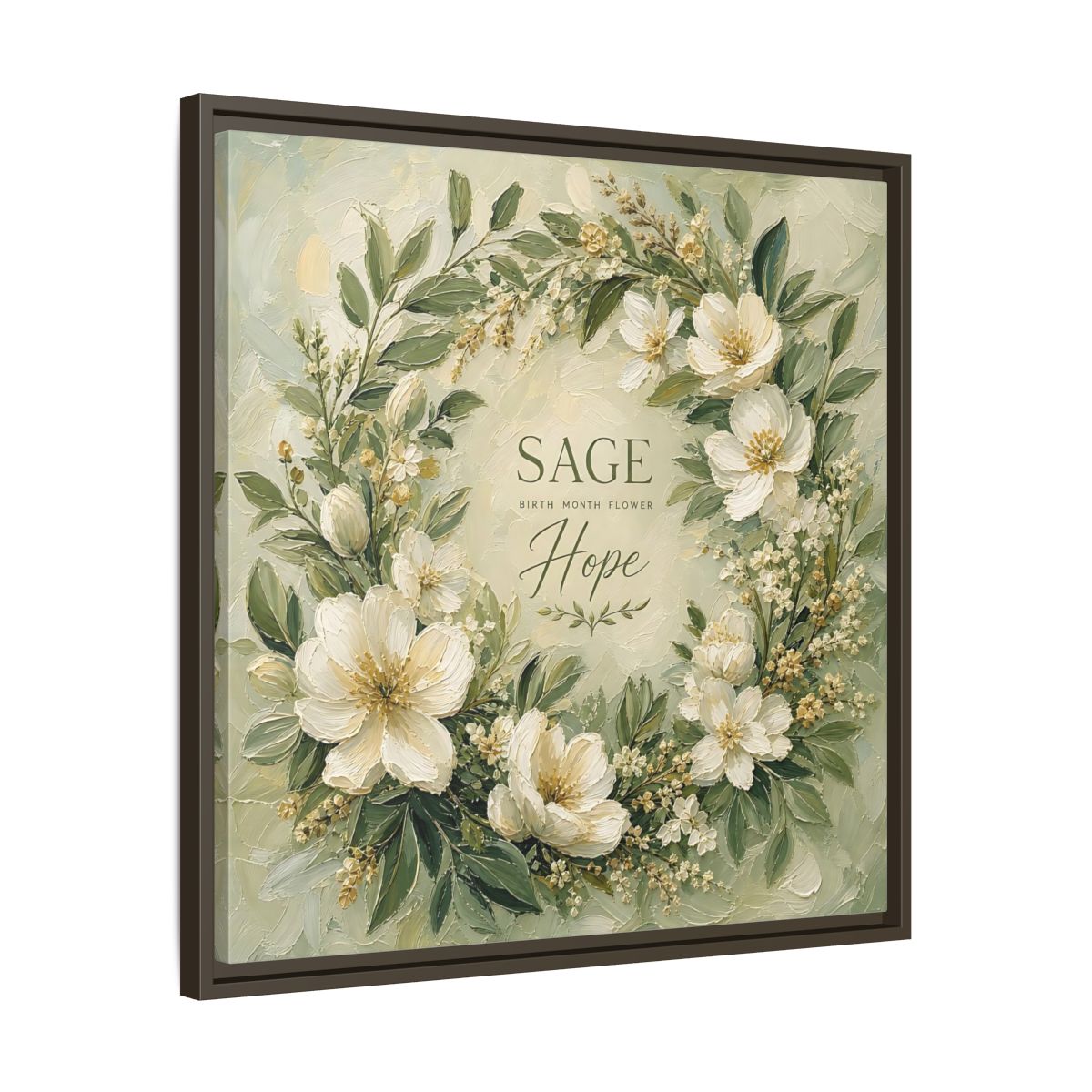 Side Mockup 27. Floral Floral Wreath Sage Green Floral shown as stretched canvas wall art