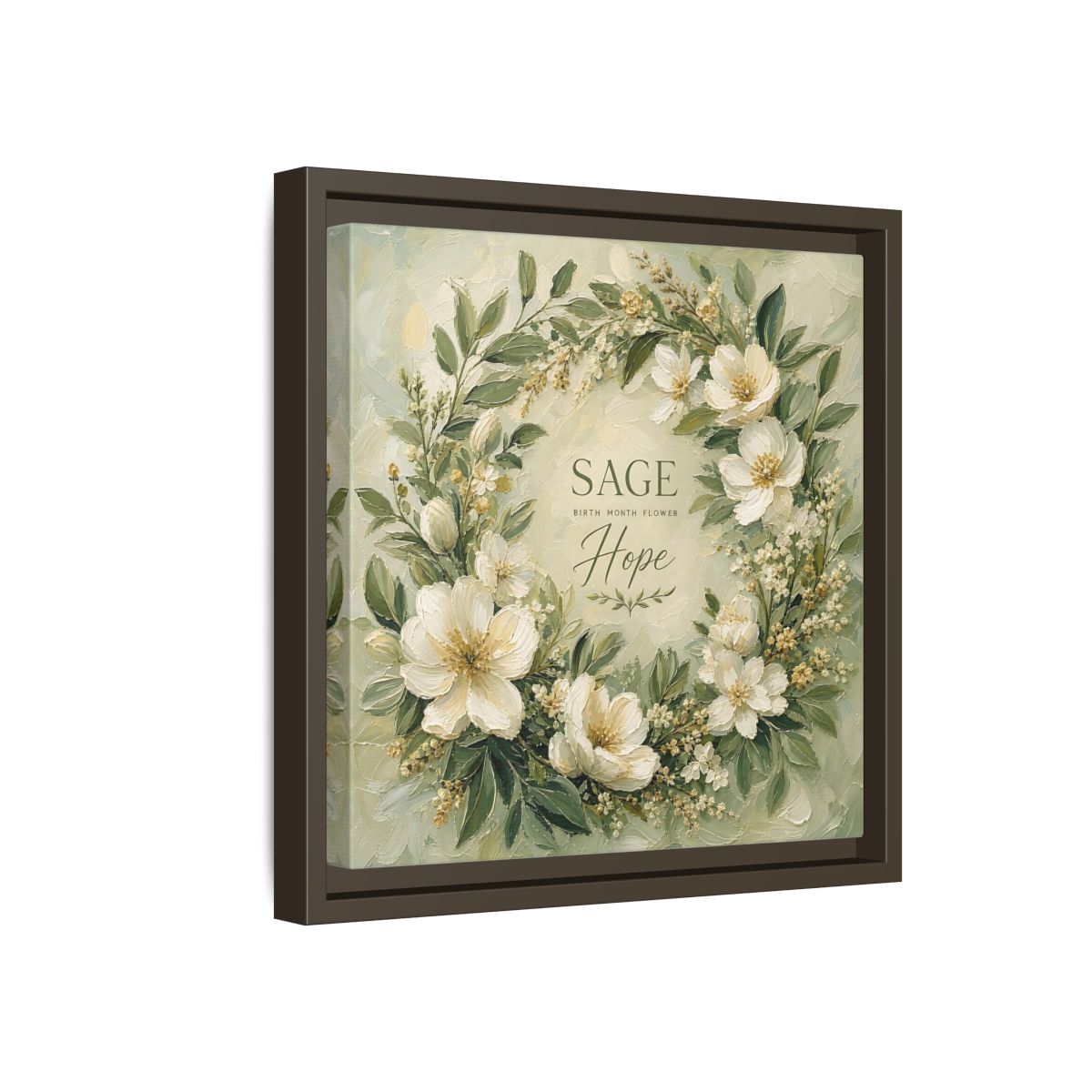 Side Mockup 17. Floral Floral Wreath Sage Green Floral shown as stretched canvas wall art