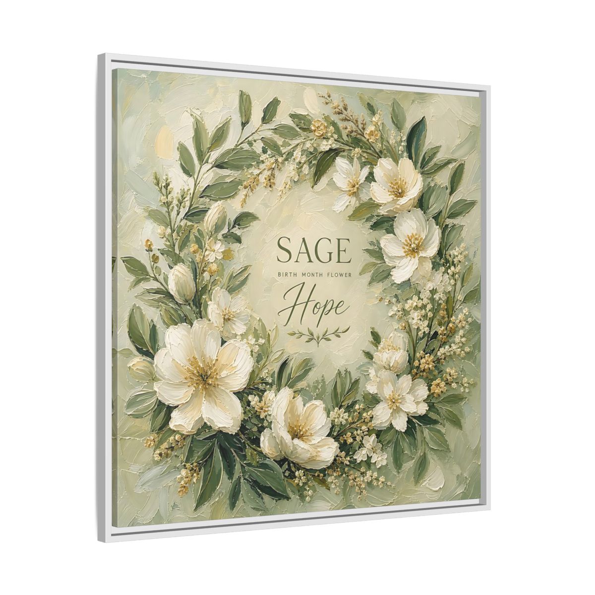 Side Mockup 25. Floral Floral Wreath Sage Green Floral shown as stretched canvas wall art