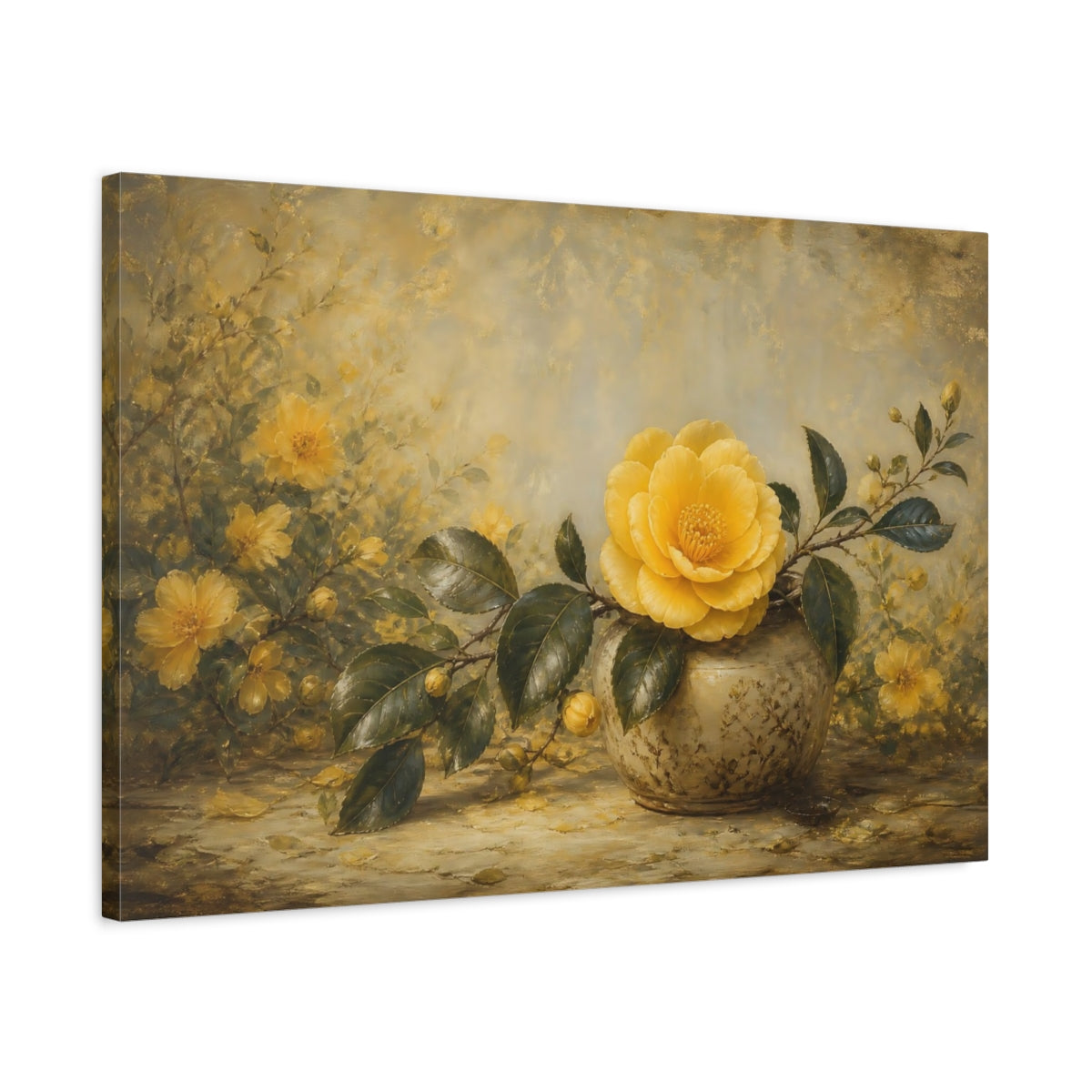 Side Mockup 2. Floral Yellow Camellia Yellow Floral Gold shown as stretched canvas wall art
