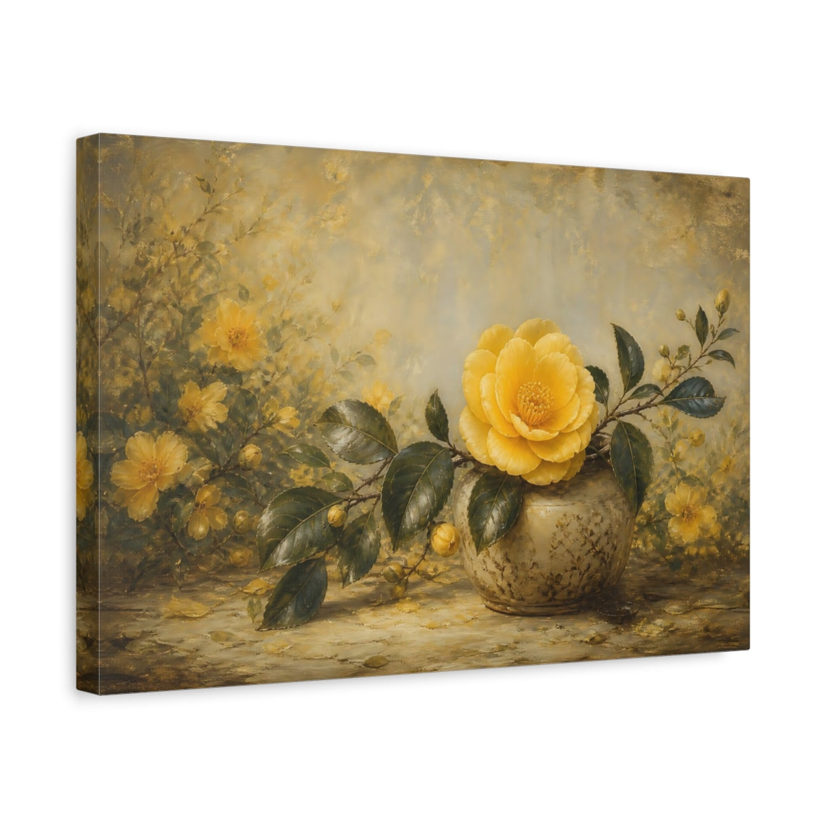Side Mockup 4. Floral Yellow Camellia Yellow Floral Gold shown as stretched canvas wall art