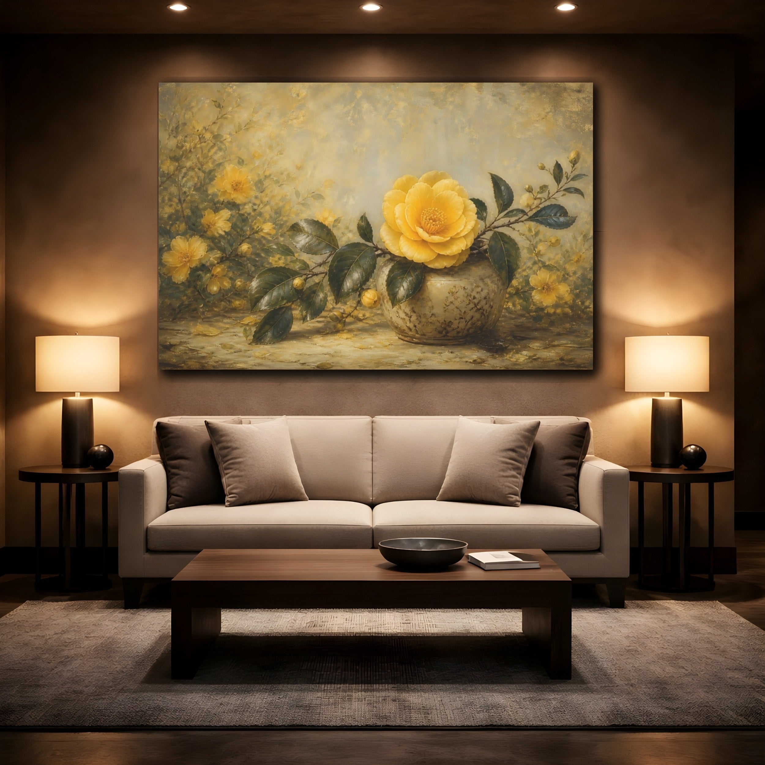 Mockup 2. Floral Yellow Camellia Yellow Floral Gold shown as stretched canvas wall art