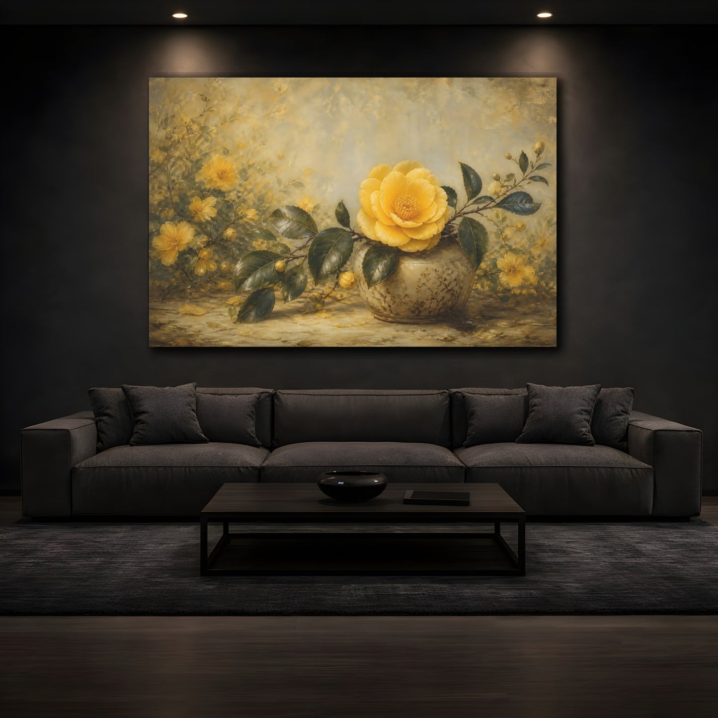 Mockup 3. Floral Yellow Camellia Yellow Floral Gold shown as stretched canvas wall art