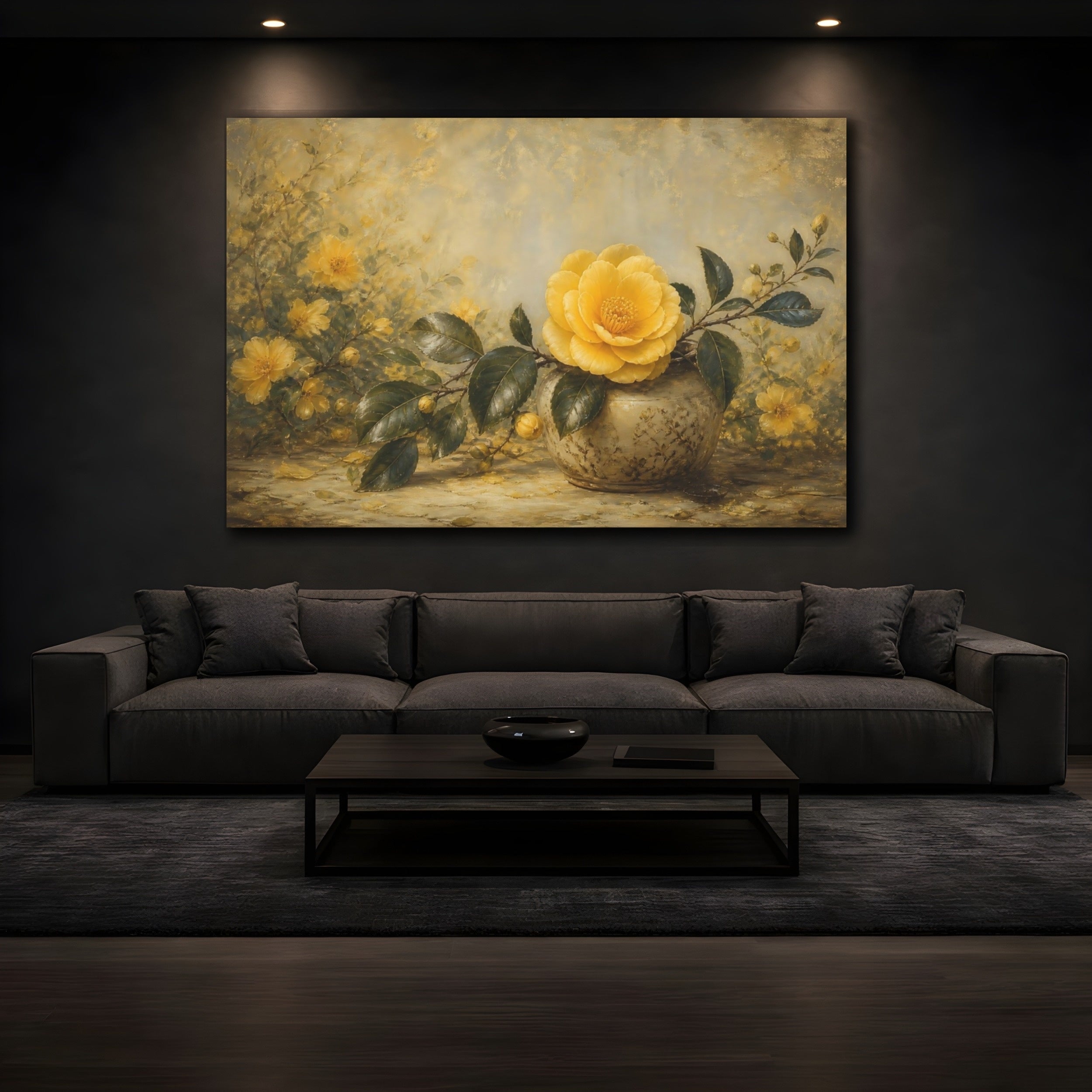 Mockup 3. Floral Yellow Camellia Yellow Floral Gold shown as stretched canvas wall art