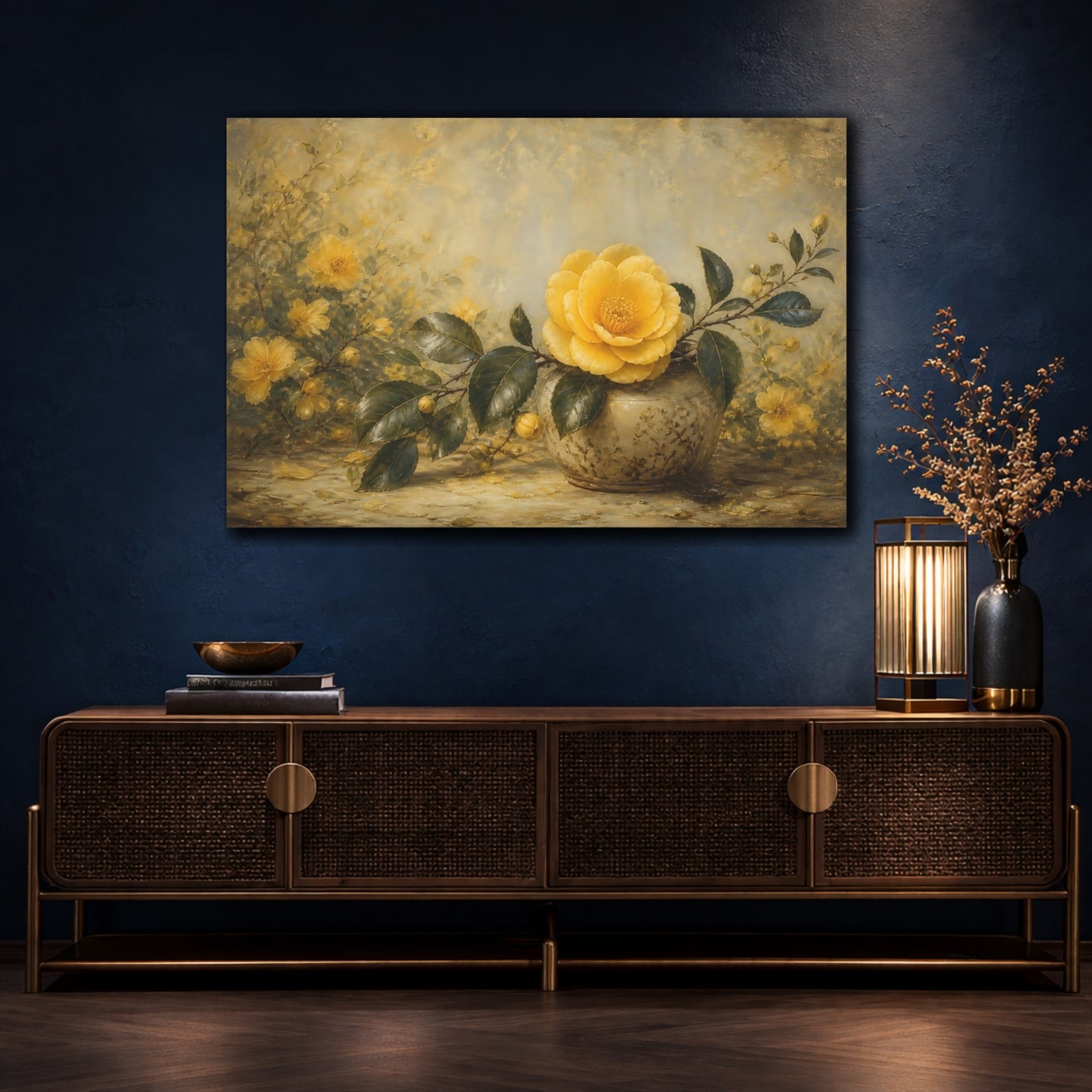Mockup 4. Floral Yellow Camellia Yellow Floral Gold shown as stretched canvas wall art