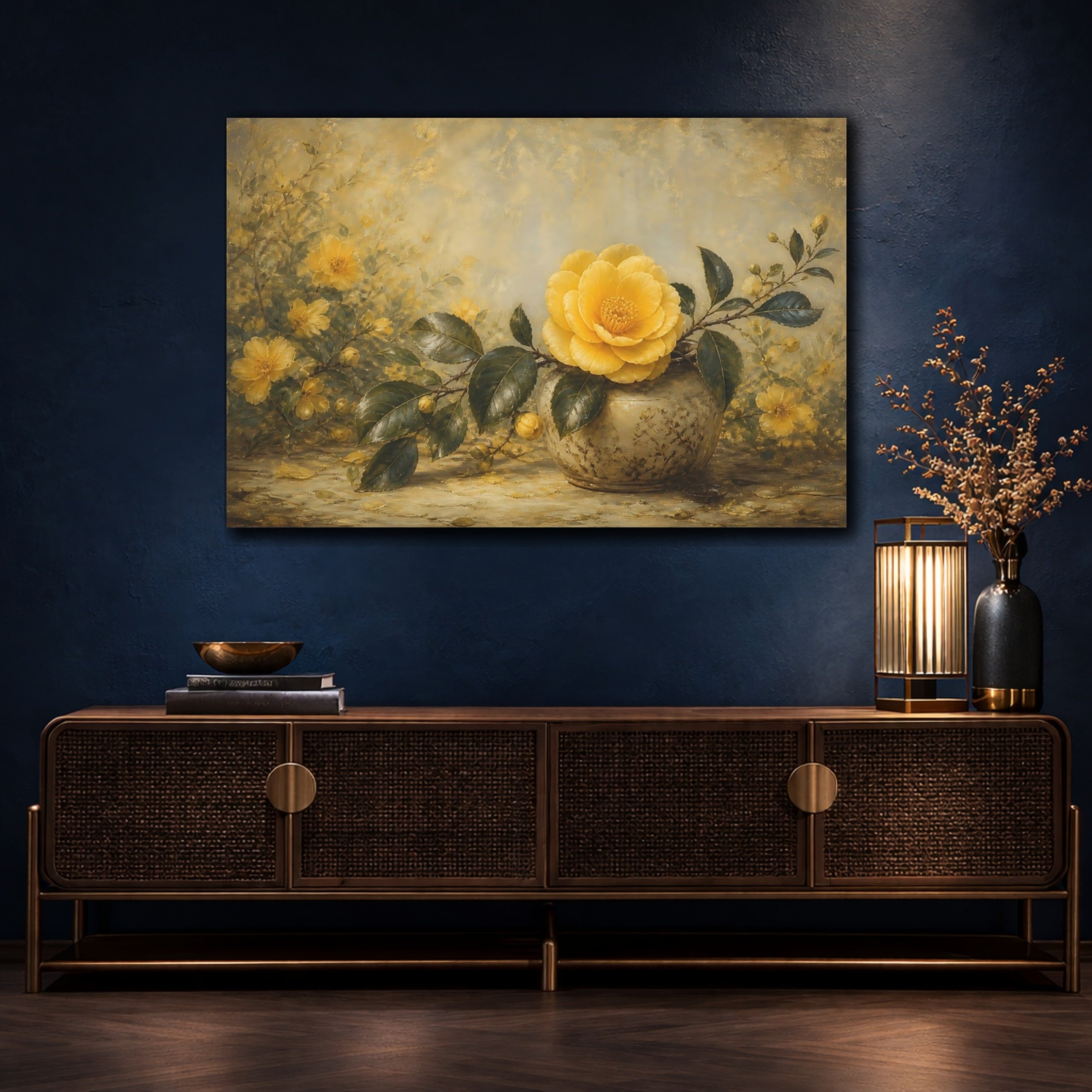 Mockup 4. Floral Yellow Camellia Yellow Floral Gold shown as stretched canvas wall art