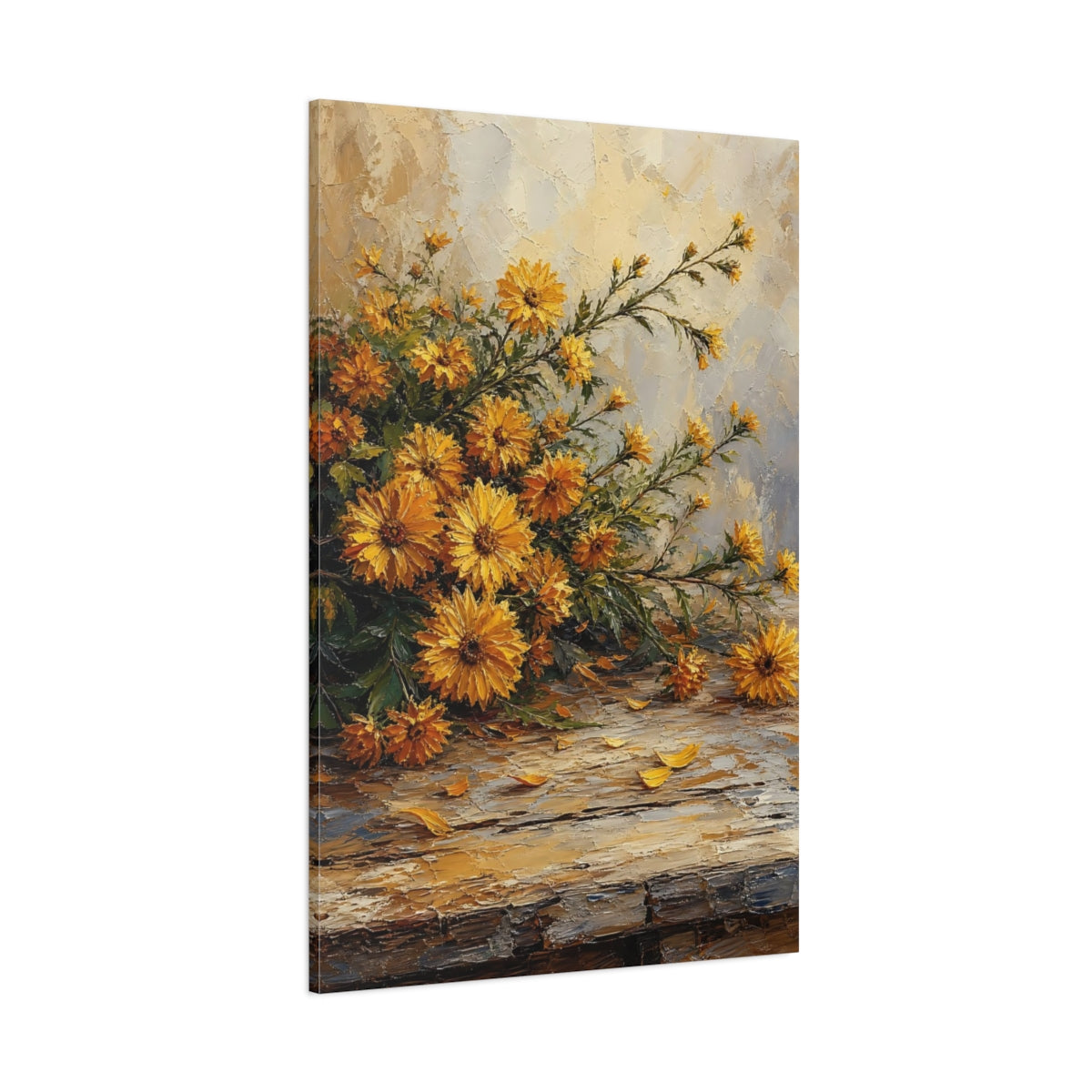 Side Mockup 1. Floral Yellow Chrysanthemums Yellow Chrysanthemums shown as stretched canvas wall art