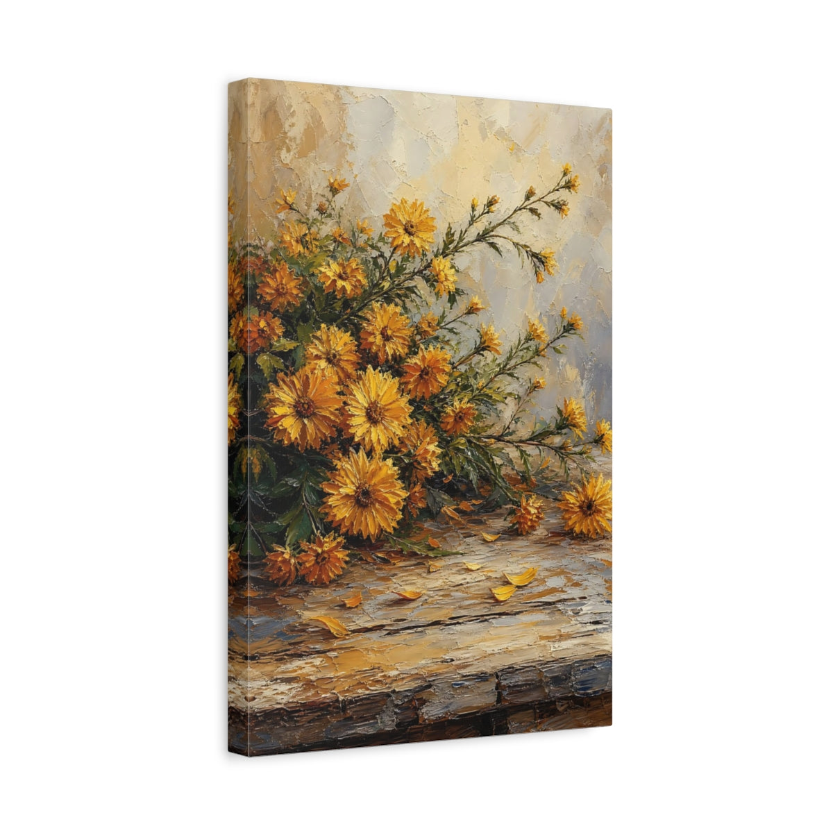 Side Mockup 4. Floral Yellow Chrysanthemums Yellow Chrysanthemums shown as stretched canvas wall art