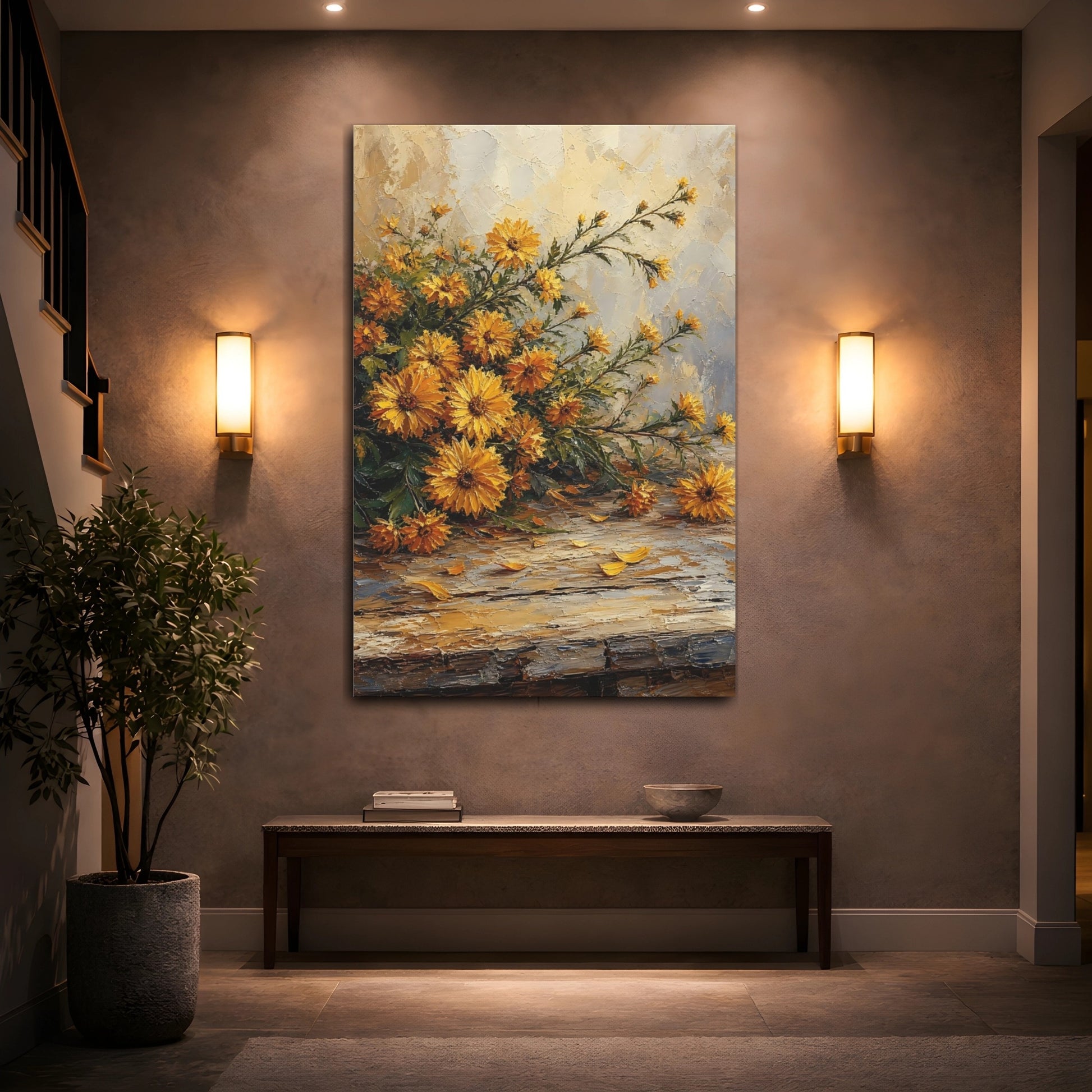 Mockup 2. Floral Yellow Chrysanthemums Yellow Chrysanthemums shown as stretched canvas wall art