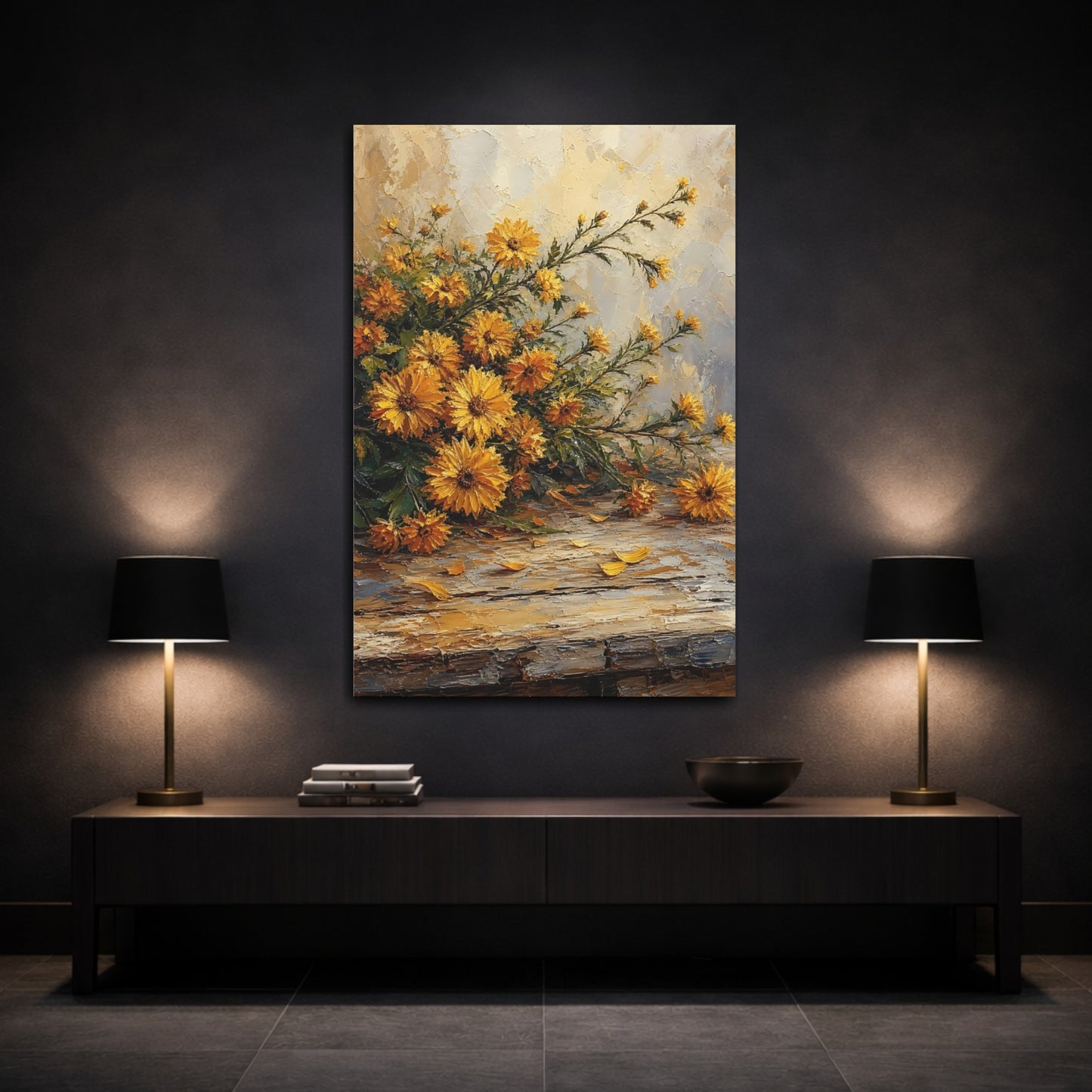 Mockup 3. Floral Yellow Chrysanthemums Yellow Chrysanthemums shown as stretched canvas wall art