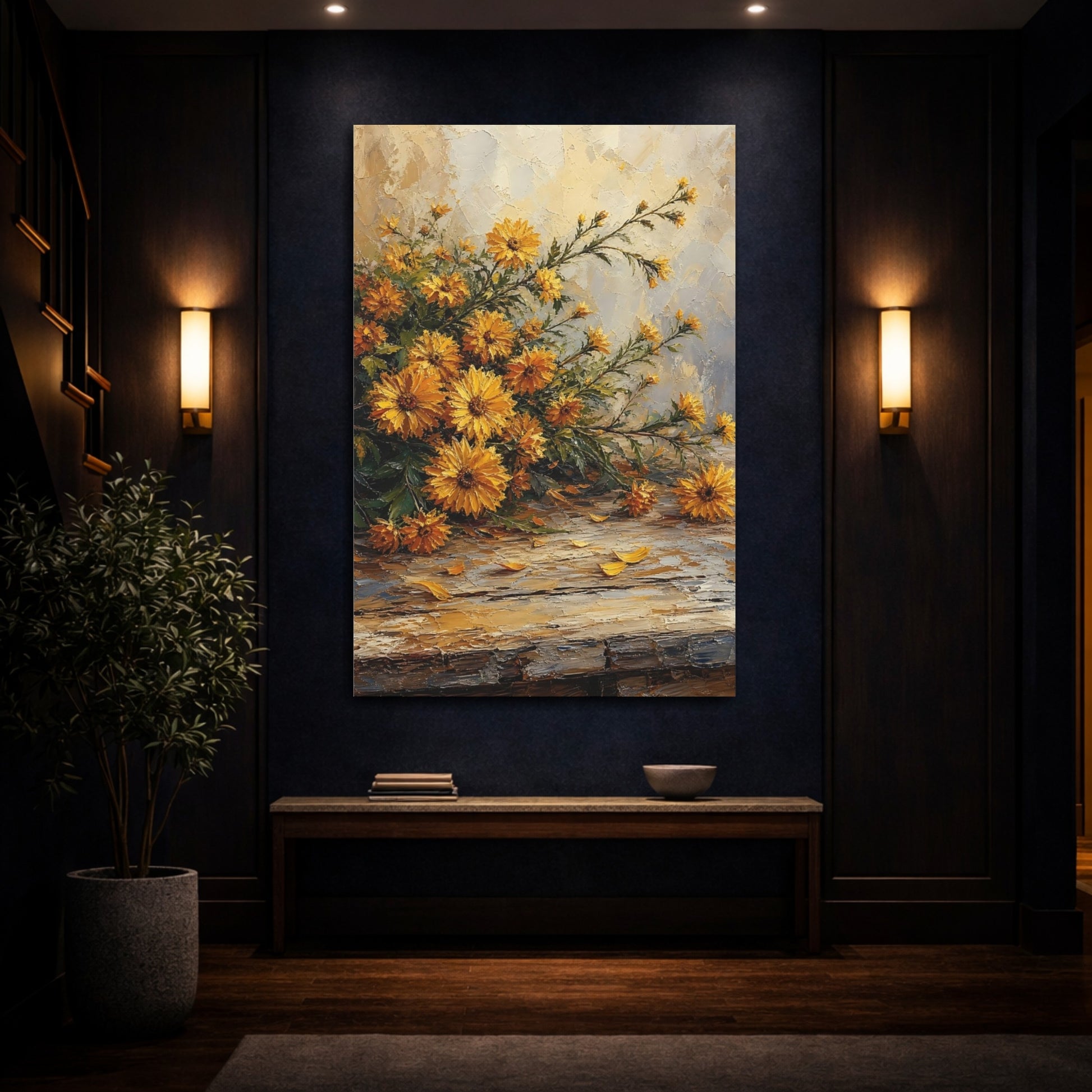 Mockup 4. Floral Yellow Chrysanthemums Yellow Chrysanthemums shown as stretched canvas wall art