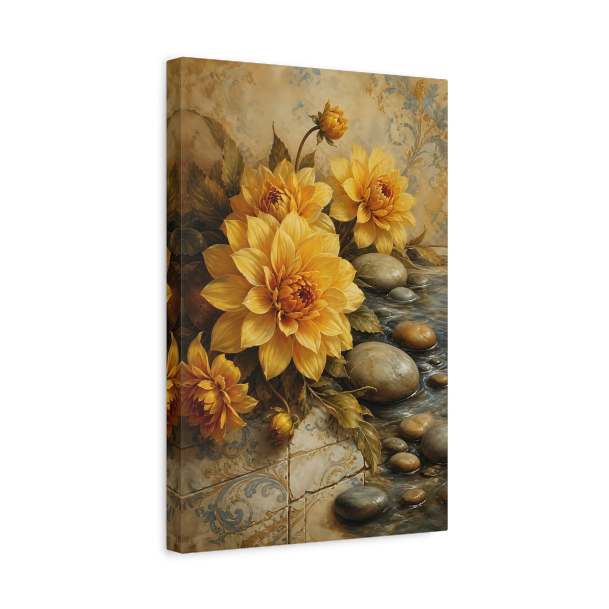 Side Mockup 4. Floral Yellow Dahlias Yellow And Blue shown as stretched canvas wall art