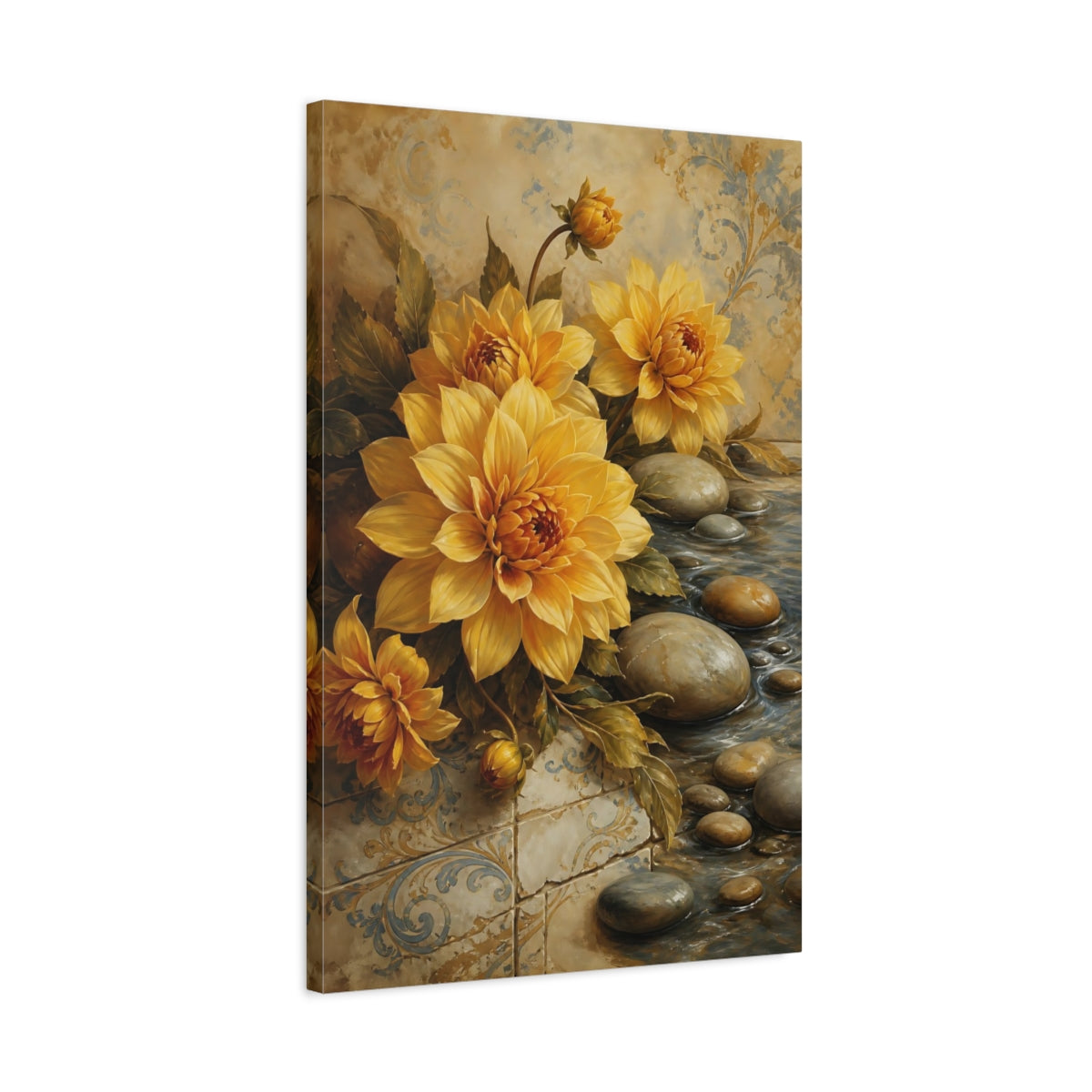 Side Mockup 2. Floral Yellow Dahlias Yellow And Blue shown as stretched canvas wall art