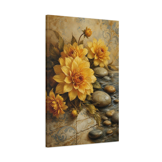 Main Mockup. Floral Yellow Dahlias Yellow And Blue shown as stretched canvas wall art