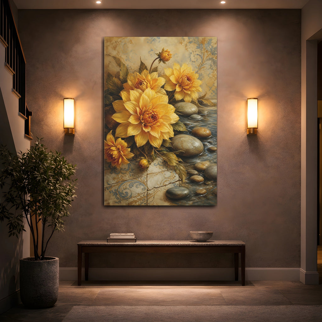 Mockup 2. Floral Yellow Dahlias Yellow And Blue shown as stretched canvas wall art