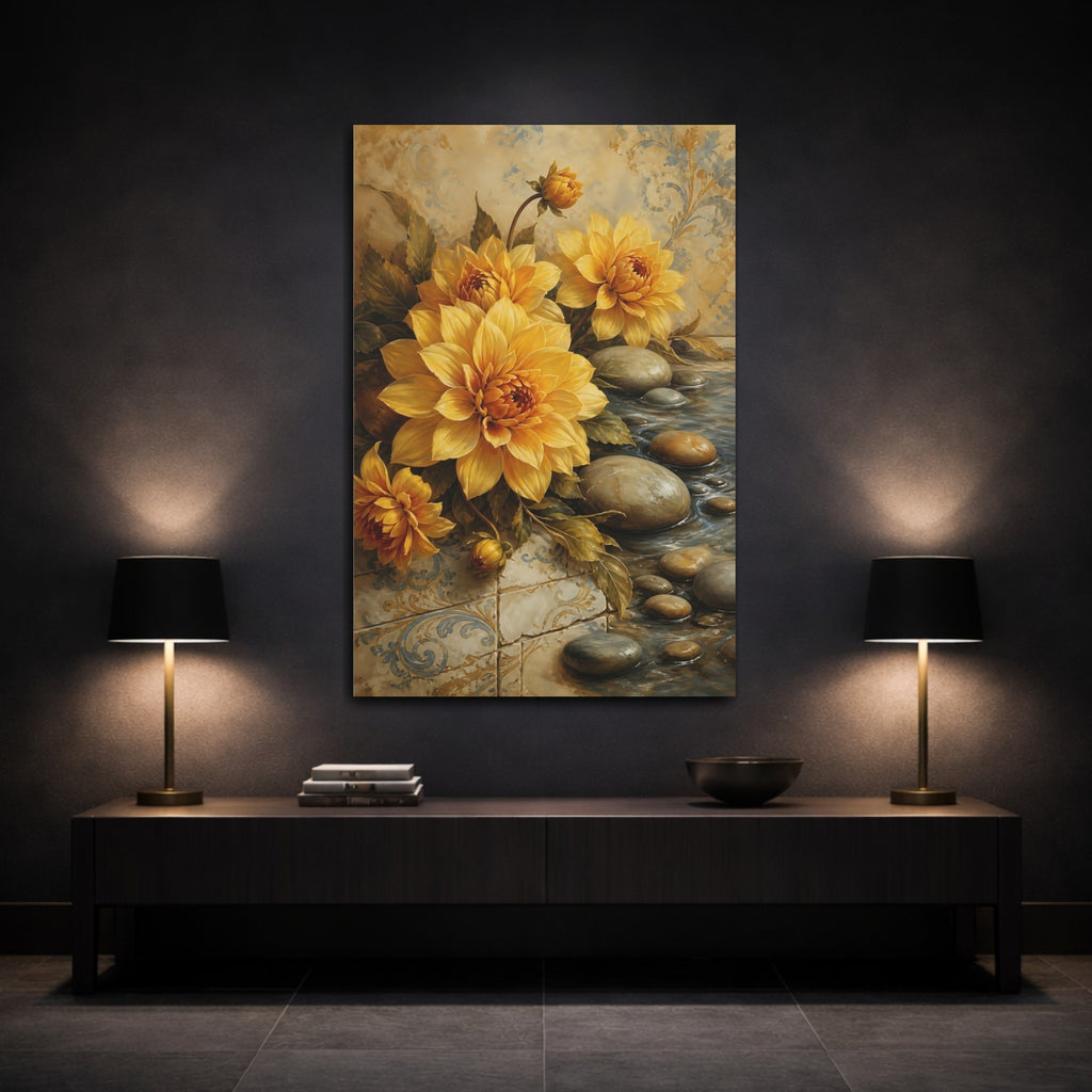 Mockup 3. Floral Yellow Dahlias Yellow And Blue shown as stretched canvas wall art