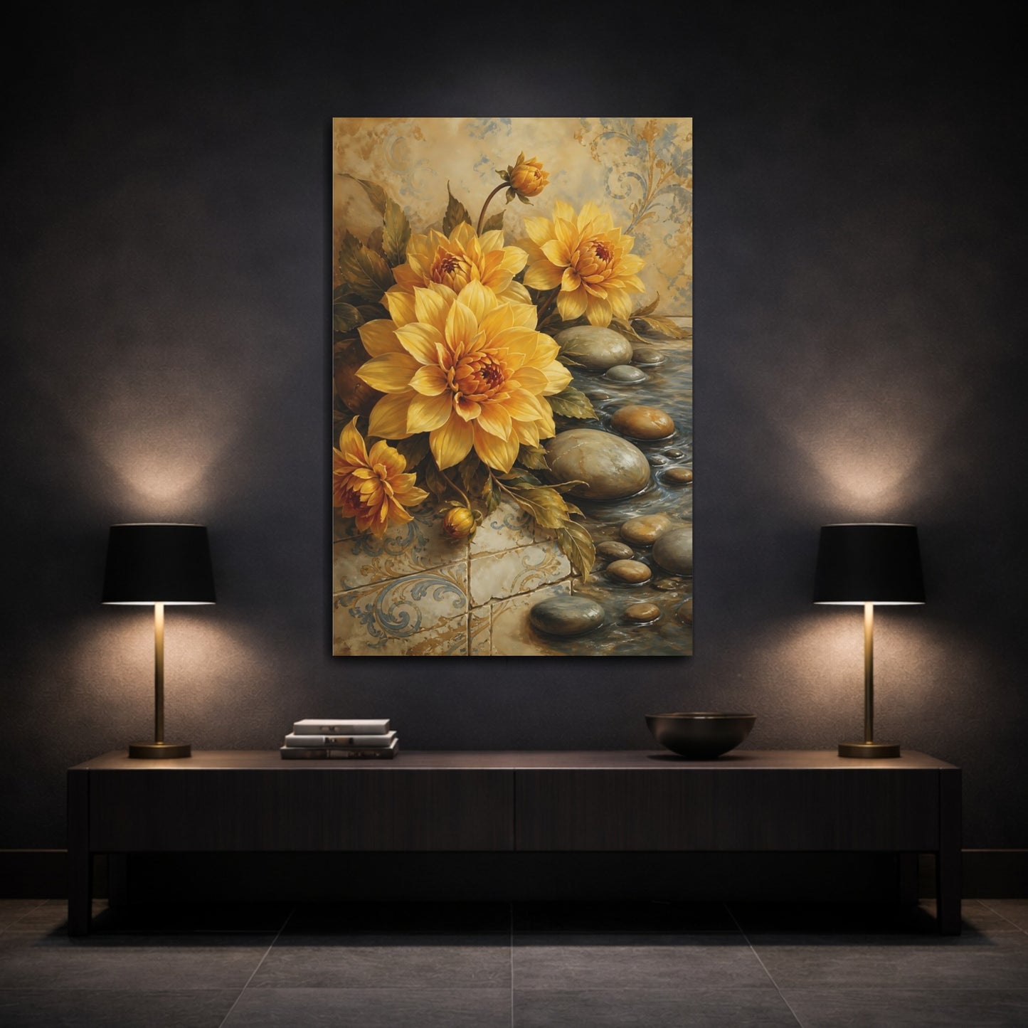 Mockup 3. Floral Yellow Dahlias Yellow And Blue shown as stretched canvas wall art