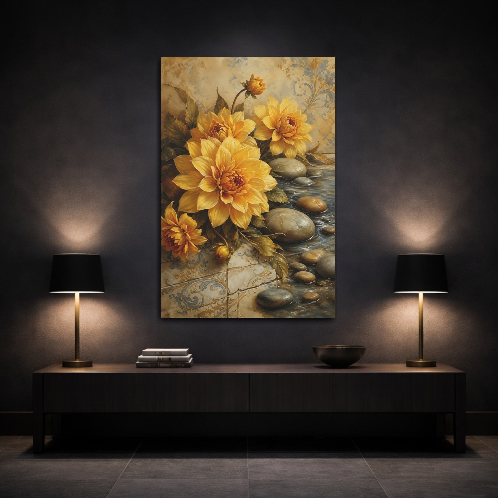Mockup 3. Floral Yellow Dahlias Yellow And Blue shown as stretched canvas wall art