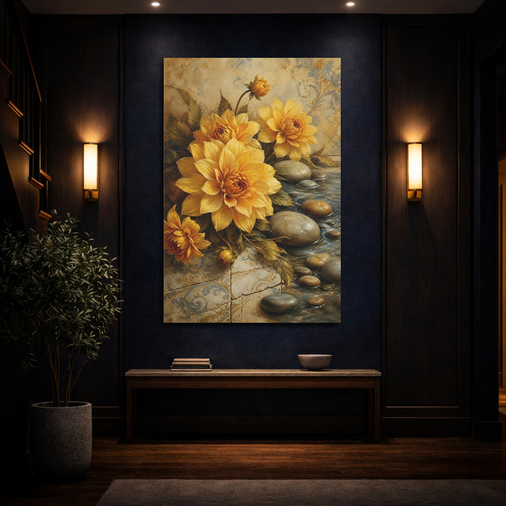 Mockup 4. Floral Yellow Dahlias Yellow And Blue shown as stretched canvas wall art