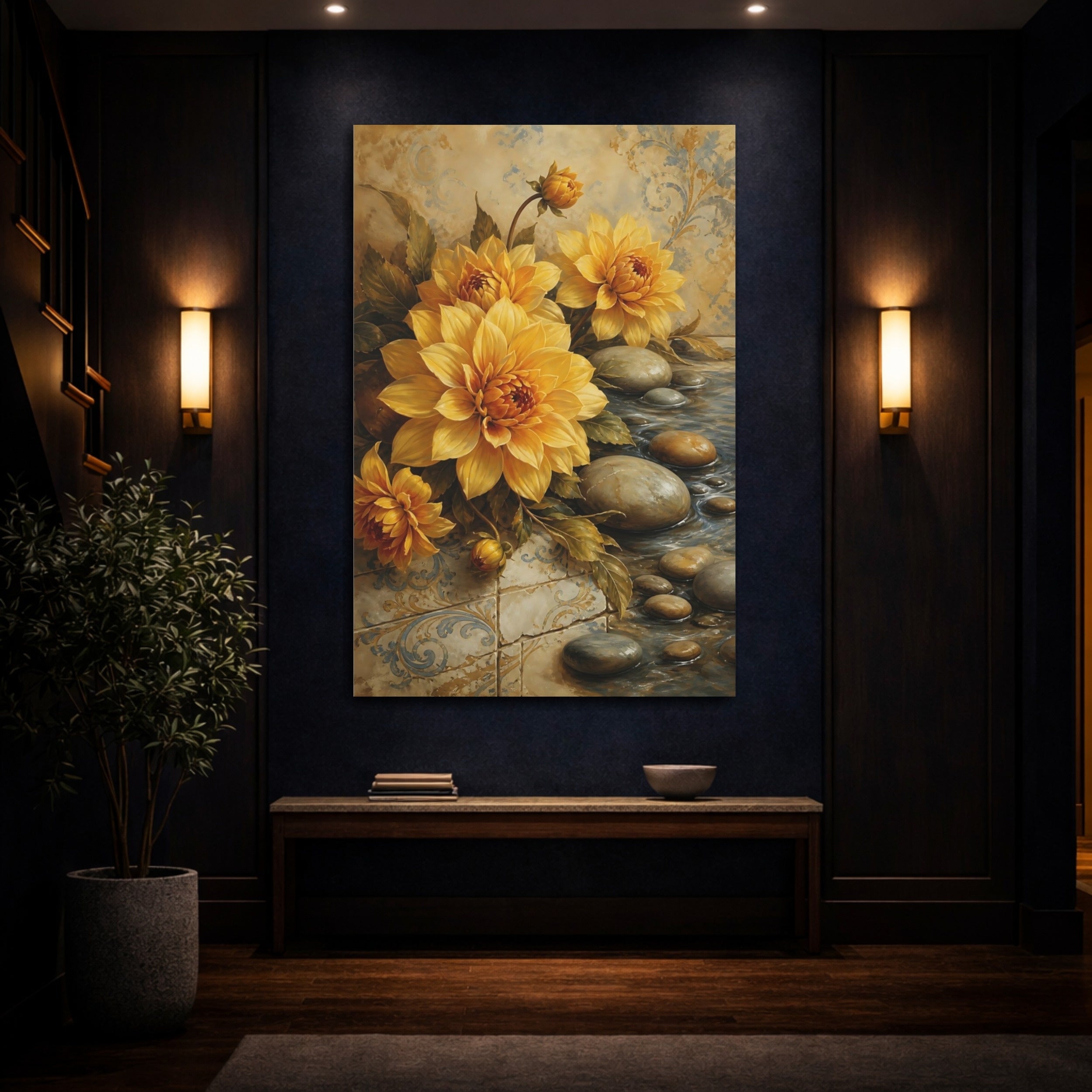 Mockup 4. Floral Yellow Dahlias Yellow And Blue shown as stretched canvas wall art