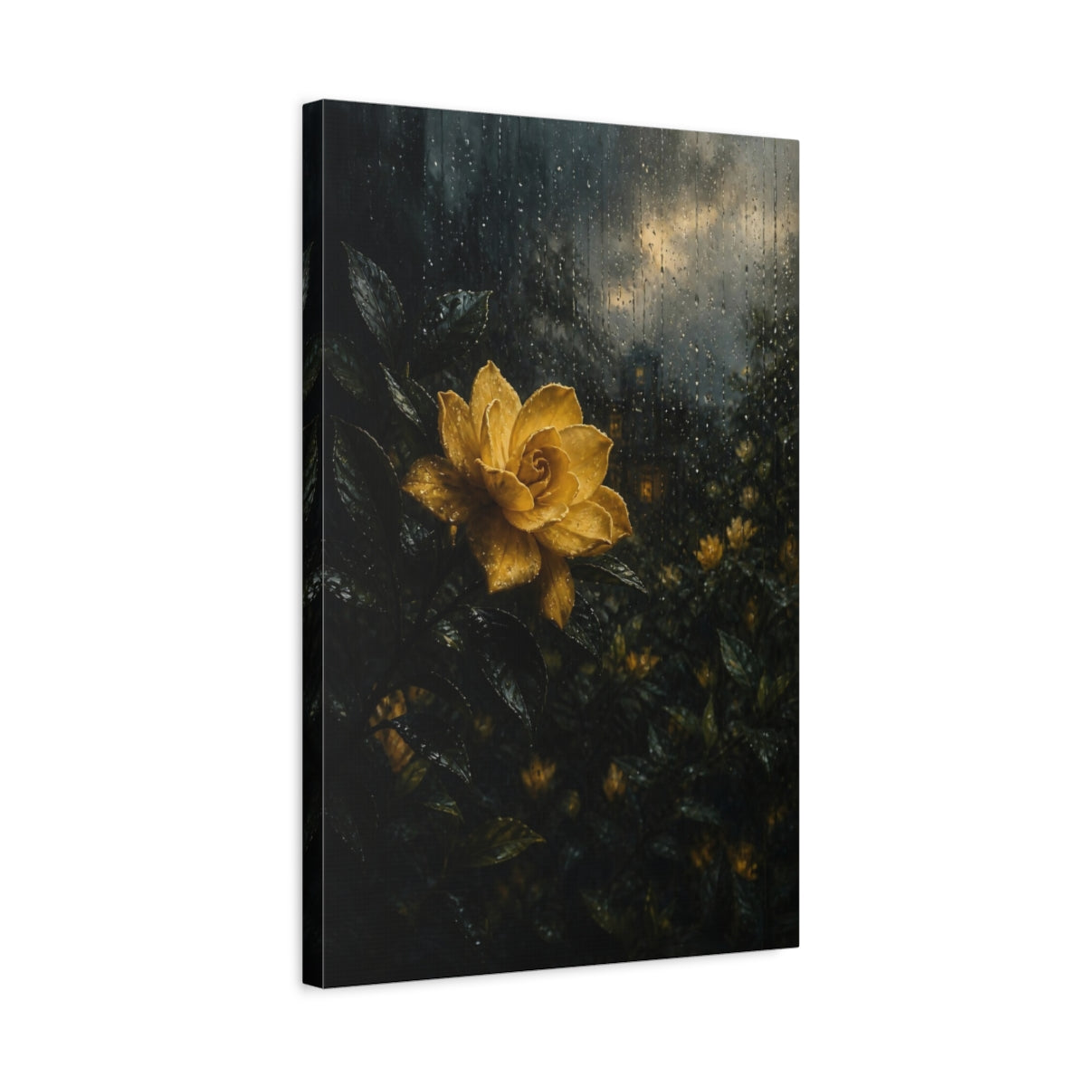 Side Mockup 3. Floral Yellow Flower Yellow And Dark shown as stretched canvas wall art