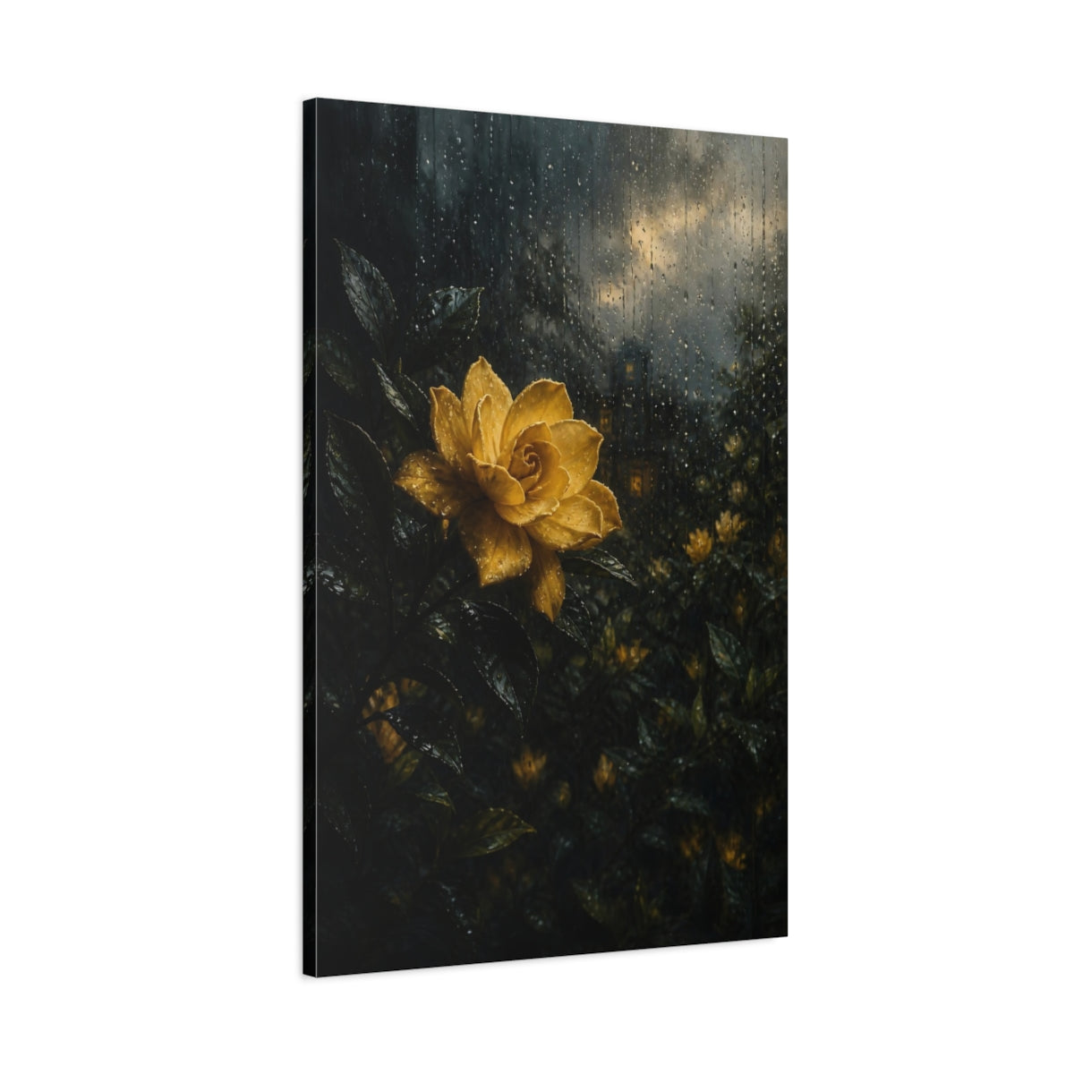 Main Mockup. Floral Yellow Flower Yellow And Dark shown as stretched canvas wall art