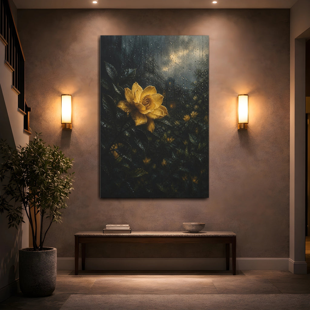 Mockup 2. Floral Yellow Flower Yellow And Dark shown as stretched canvas wall art