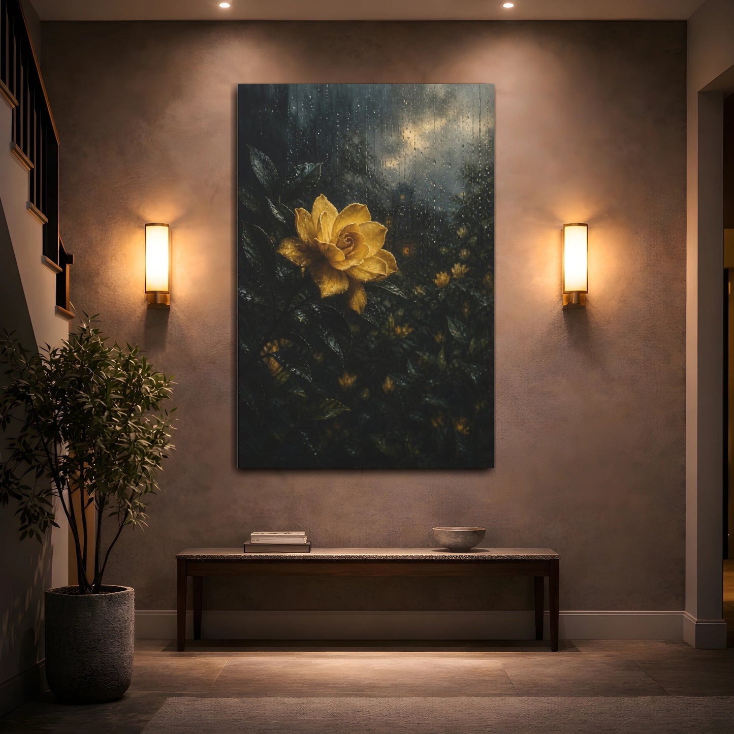 Mockup 2. Floral Yellow Flower Yellow And Dark shown as stretched canvas wall art