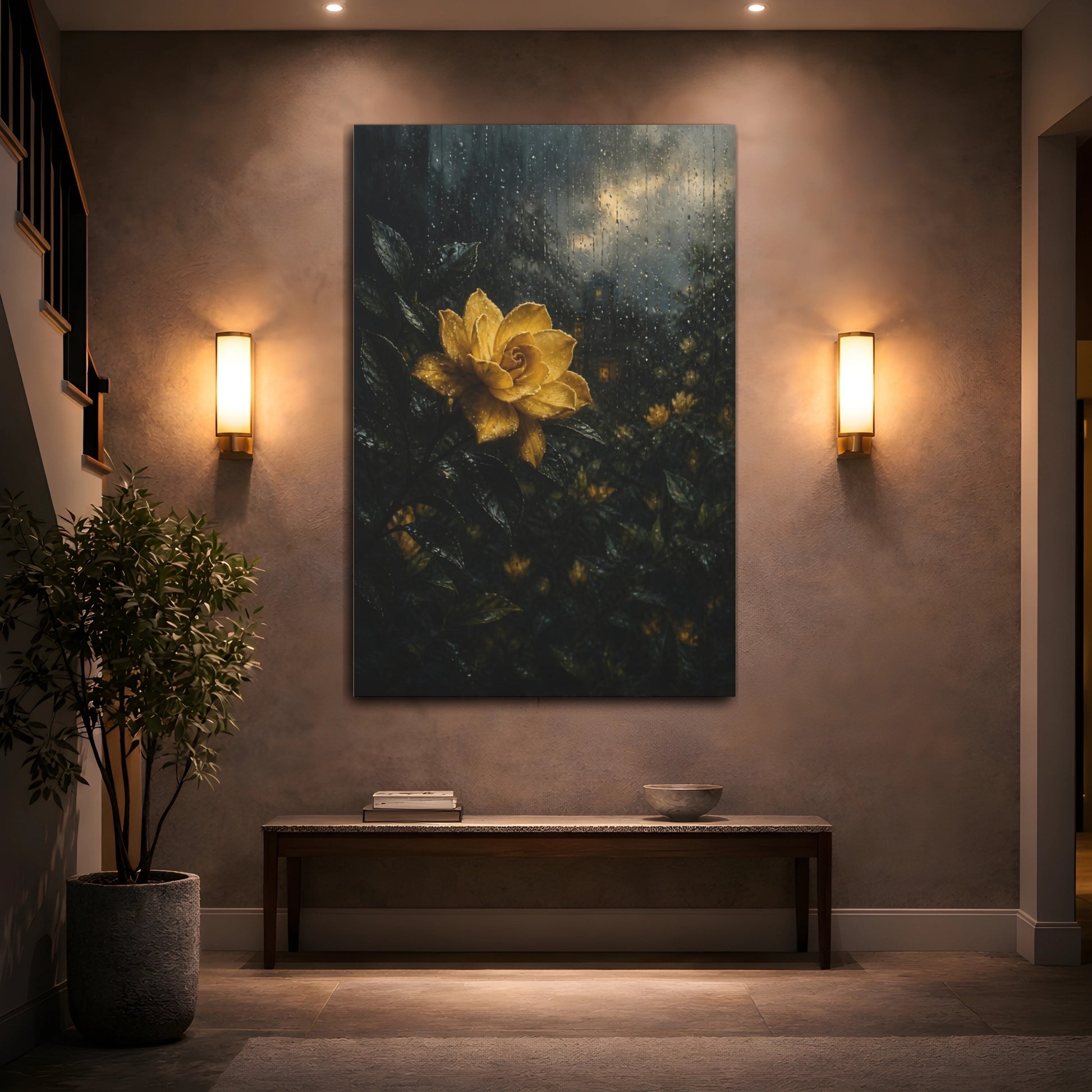 Mockup 2. Floral Yellow Flower Yellow And Dark shown as stretched canvas wall art