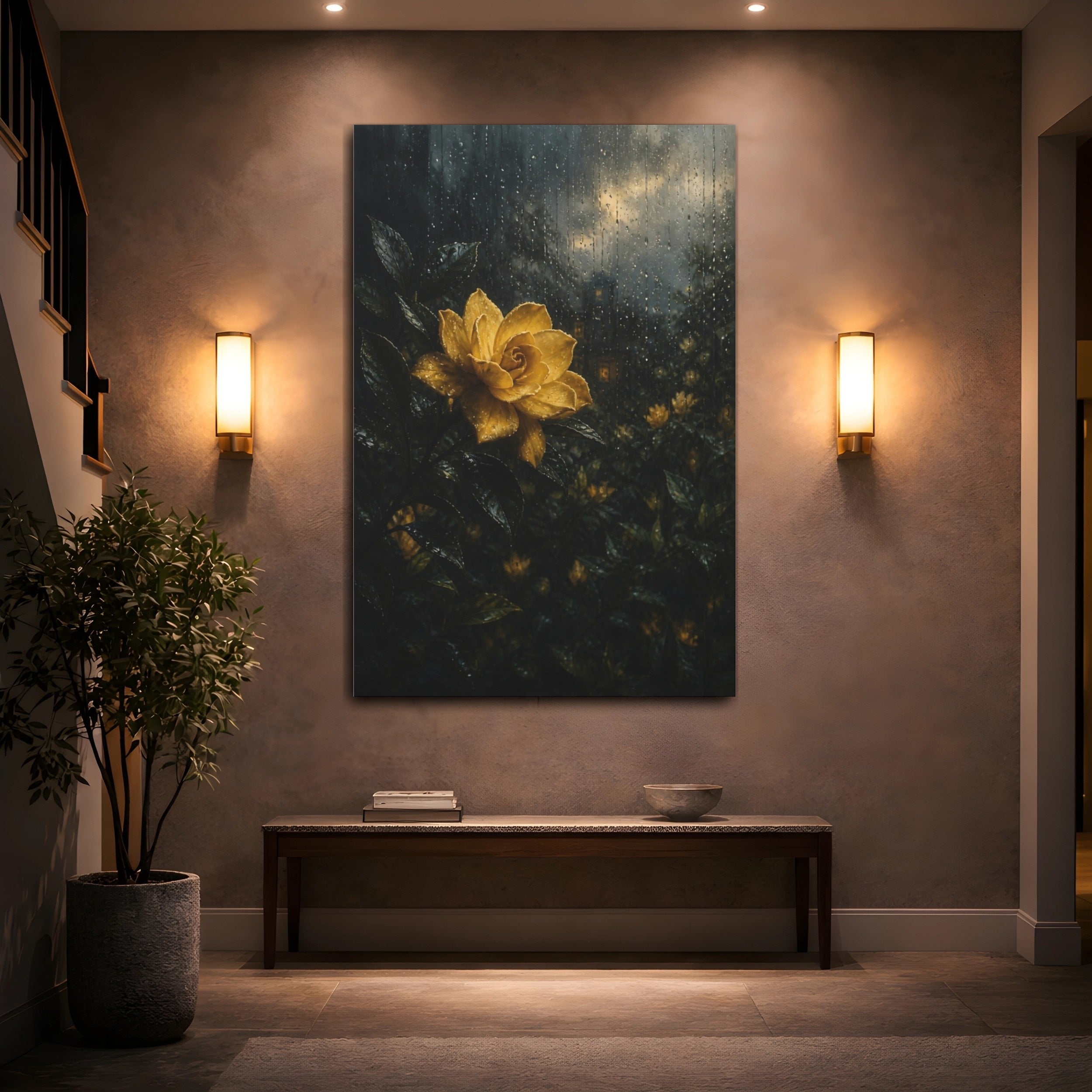Mockup 2. Floral Yellow Flower Yellow And Dark shown as stretched canvas wall art