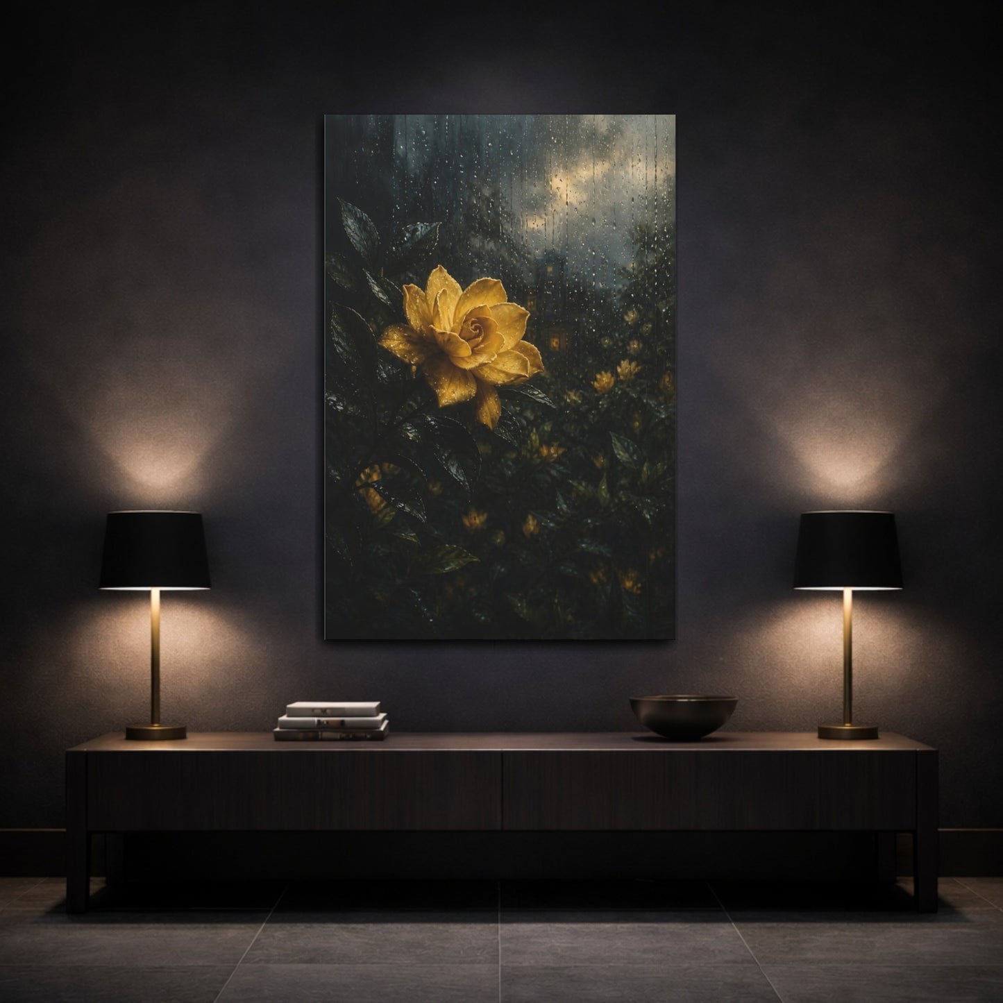 Mockup 3. Floral Yellow Flower Yellow And Dark shown as stretched canvas wall art