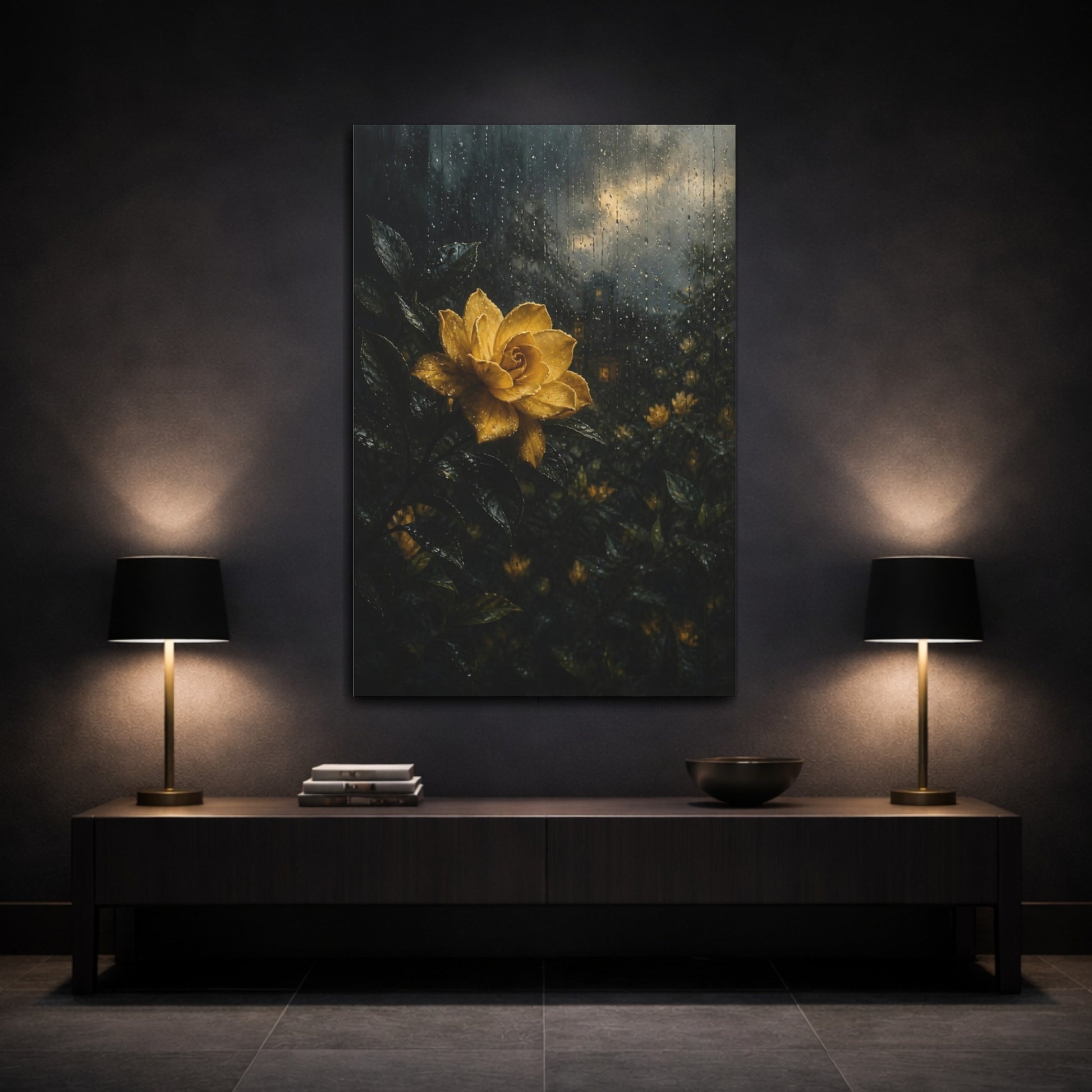 Mockup 3. Floral Yellow Flower Yellow And Dark shown as stretched canvas wall art