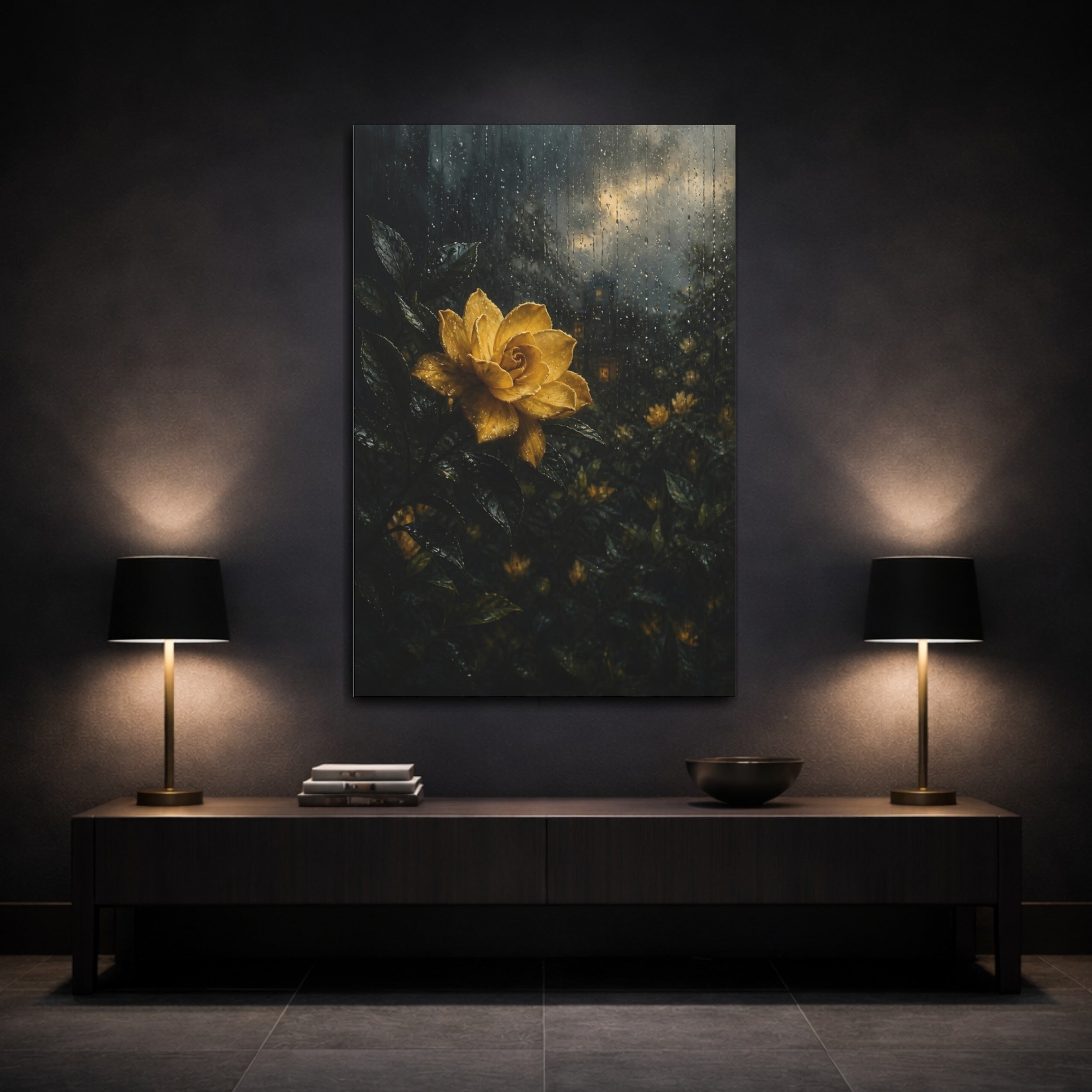 Mockup 3. Floral Yellow Flower Yellow And Dark shown as stretched canvas wall art
