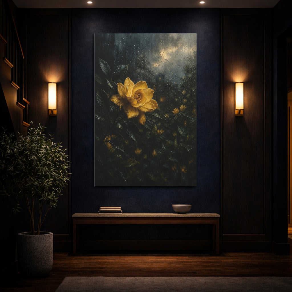 Mockup 4. Floral Yellow Flower Yellow And Dark shown as stretched canvas wall art