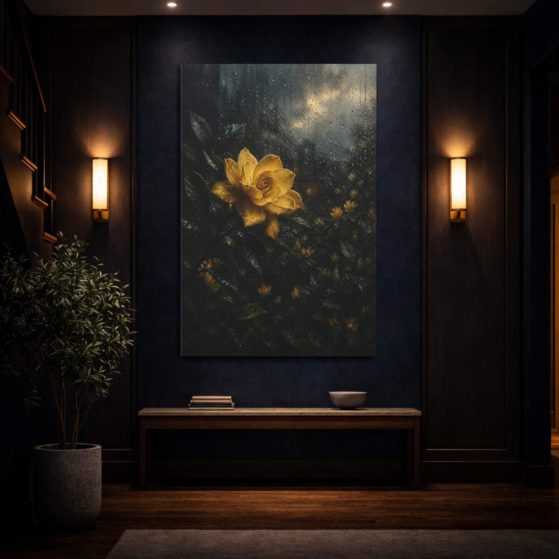 Mockup 4. Floral Yellow Flower Yellow And Dark shown as stretched canvas wall art