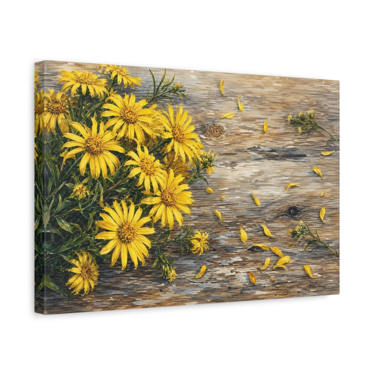 Side Mockup 4. Floral Yellow Flowers Yellow And Brown shown as stretched canvas wall art