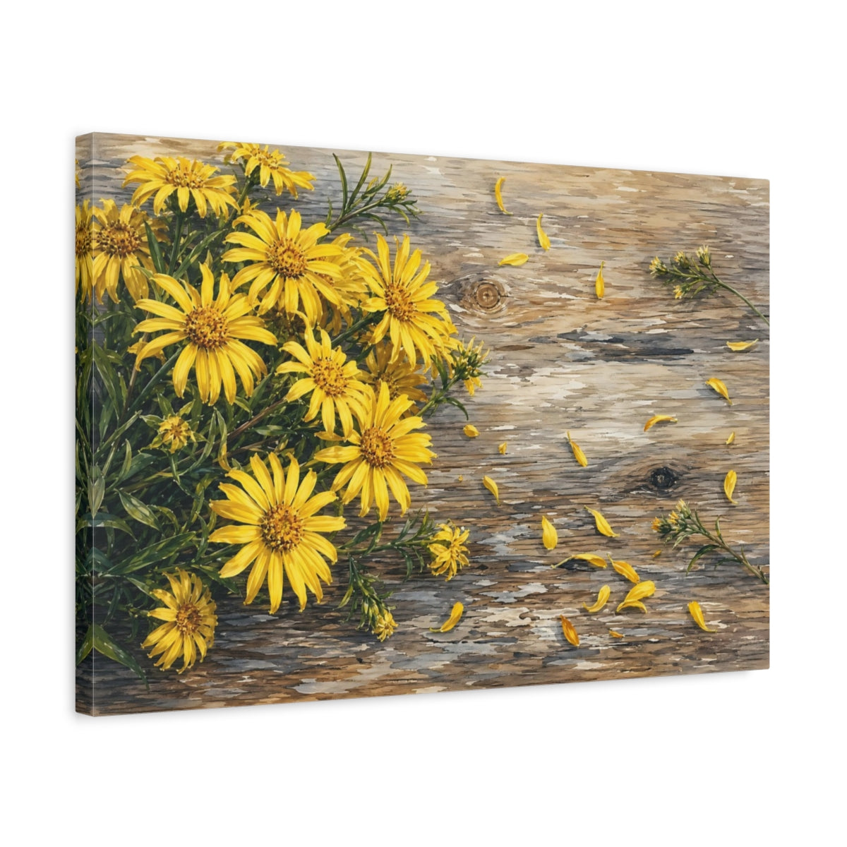 Side Mockup 3. Floral Yellow Flowers Yellow And Brown shown as stretched canvas wall art