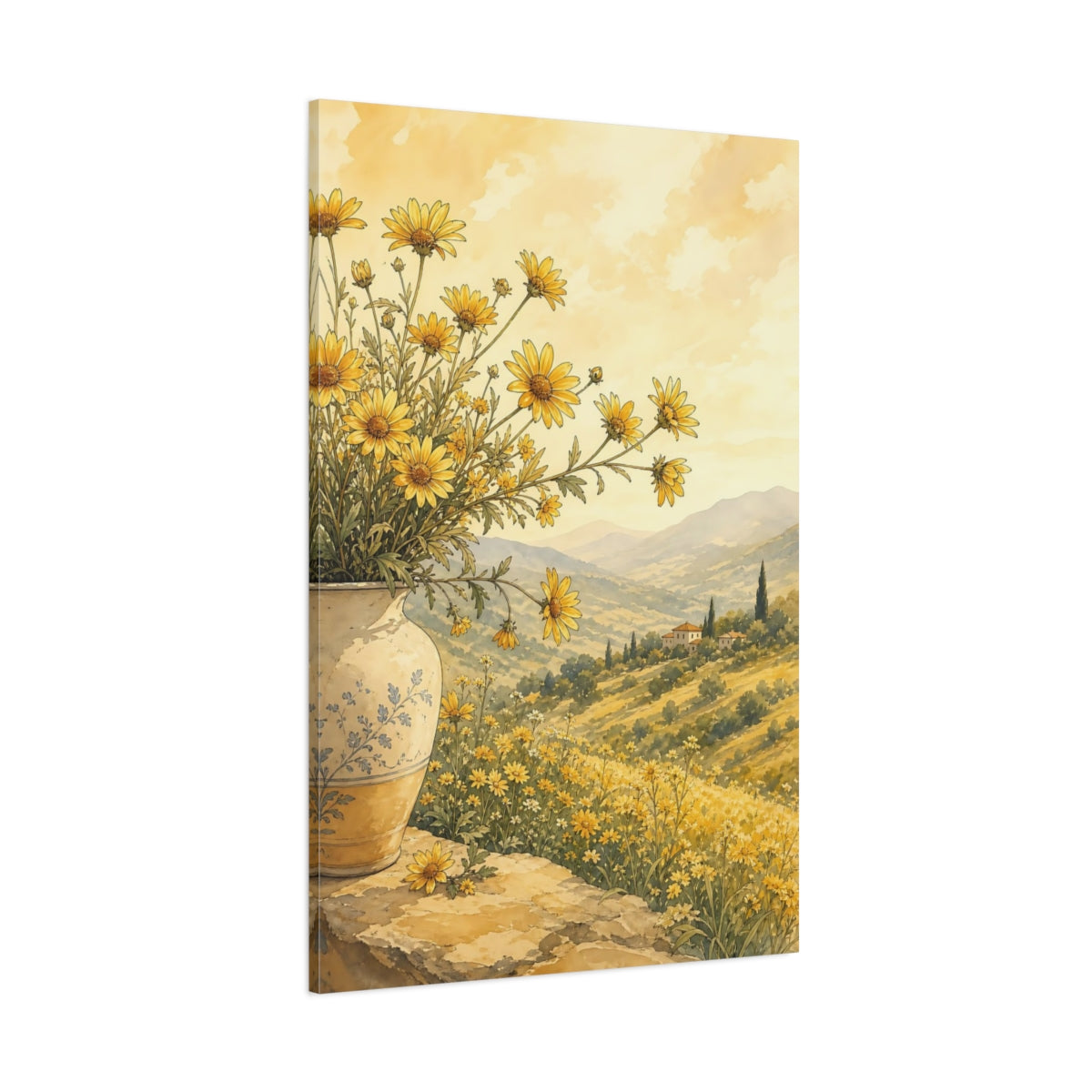 Side Mockup 1. Floral Yellow Flowers Yellow And Gold shown as stretched canvas wall art