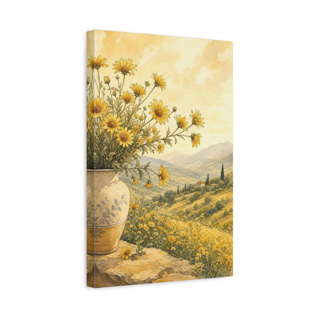 Side Mockup 4. Floral Yellow Flowers Yellow And Gold shown as stretched canvas wall art