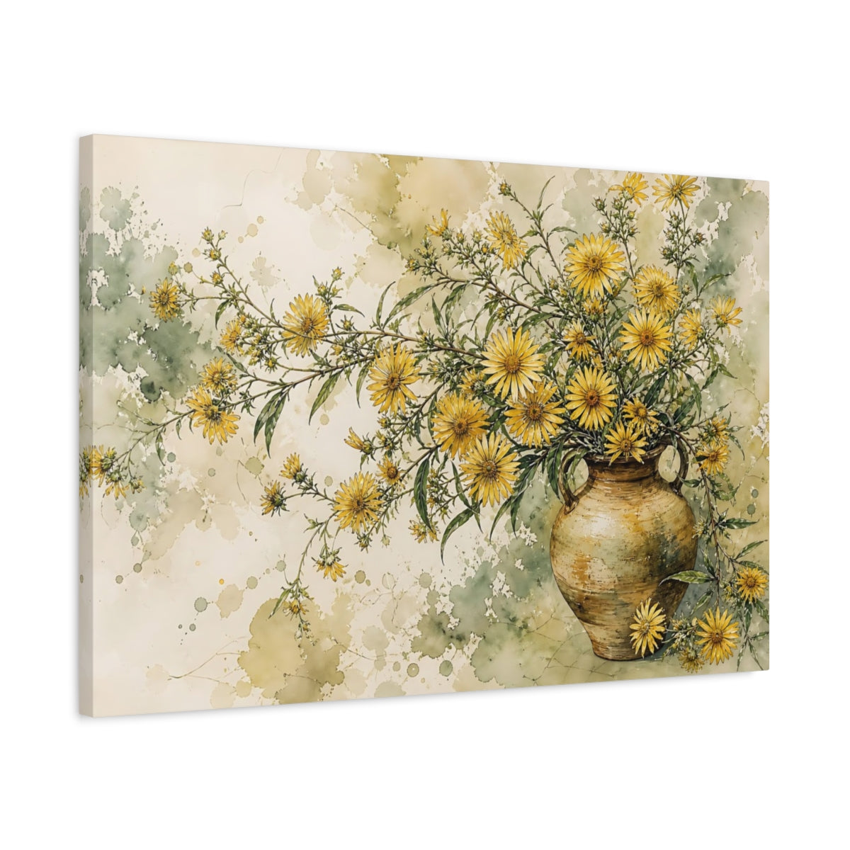 Side Mockup 2. Floral Yellow Flowers Yellow And Green Floral shown as stretched canvas wall art