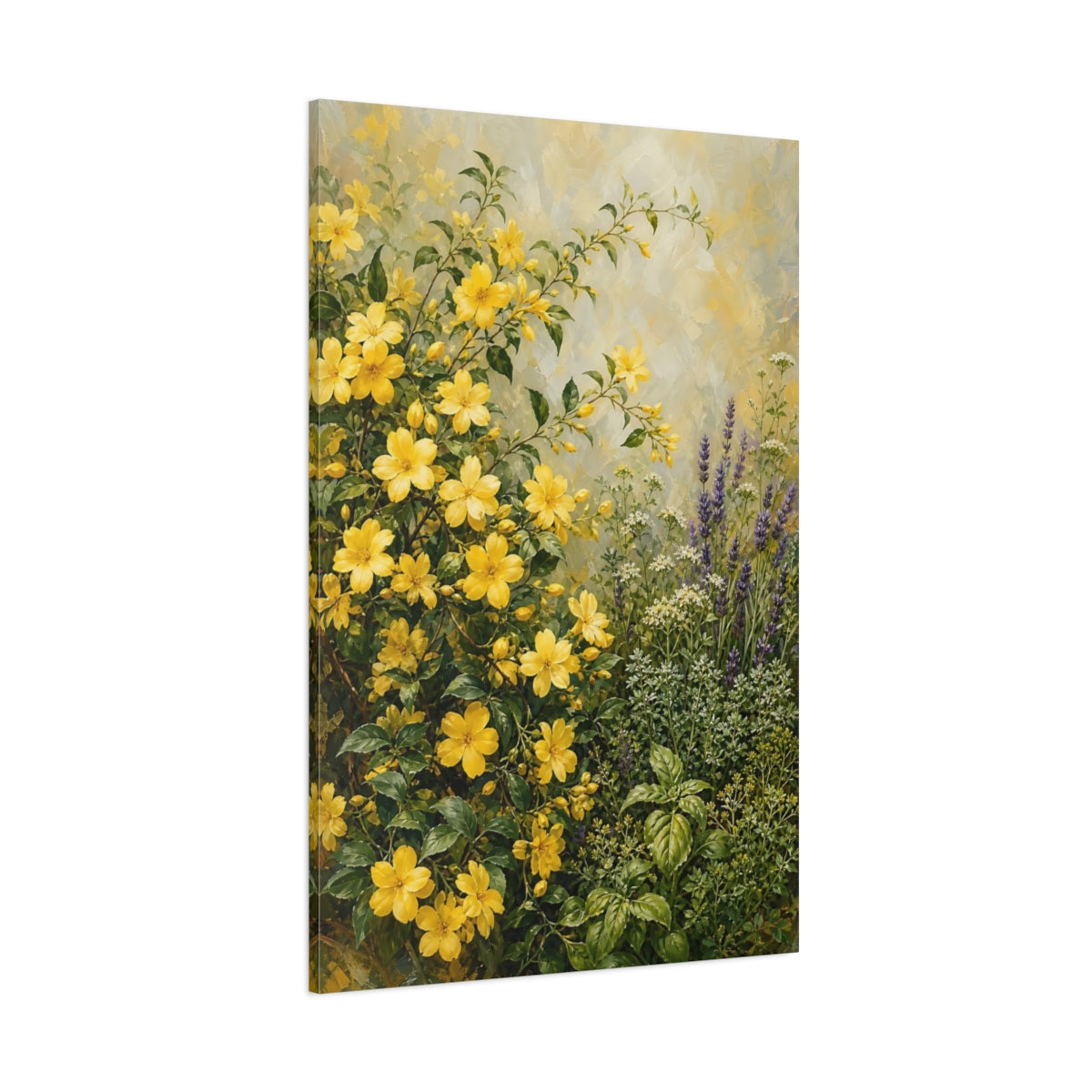 Side Mockup 1. Floral Yellow Flowers Yellow And Green Garden shown as stretched canvas wall art