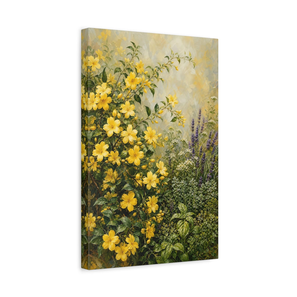 Side Mockup 4. Floral Yellow Flowers Yellow And Green Garden shown as stretched canvas wall art