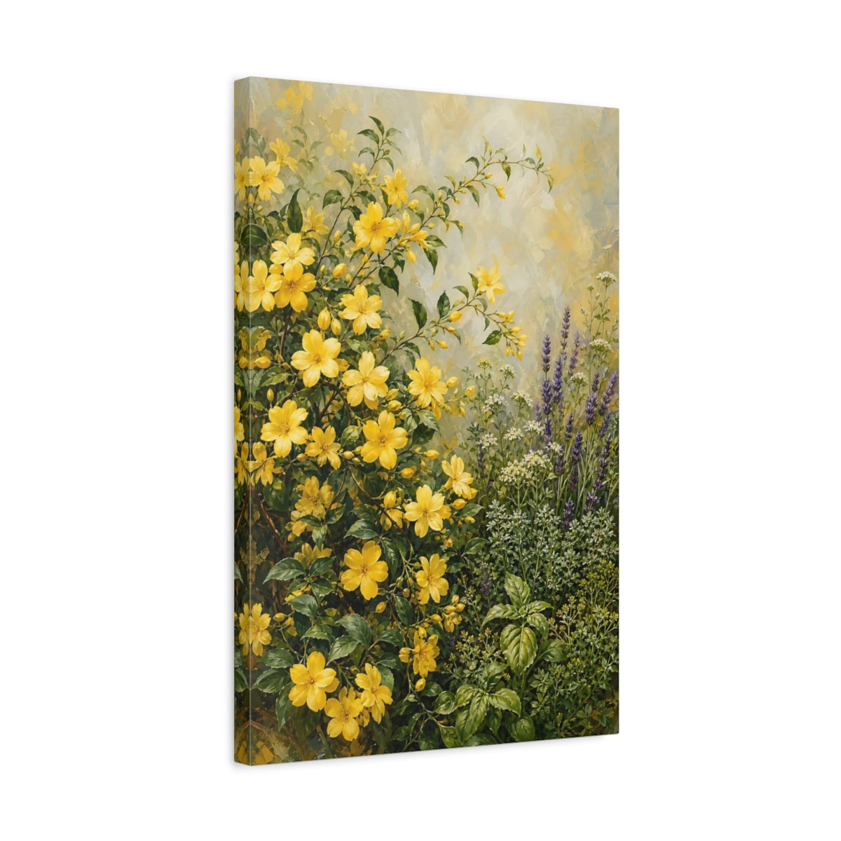 Side Mockup 3. Floral Yellow Flowers Yellow And Green Garden shown as stretched canvas wall art