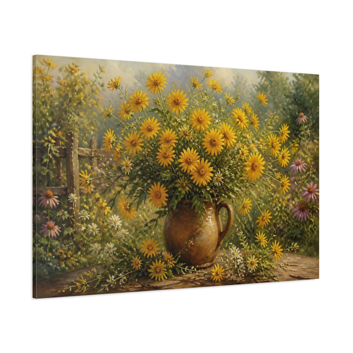 Side Mockup 1. Floral Yellow Flowers Yellow Flowers shown as stretched canvas wall art