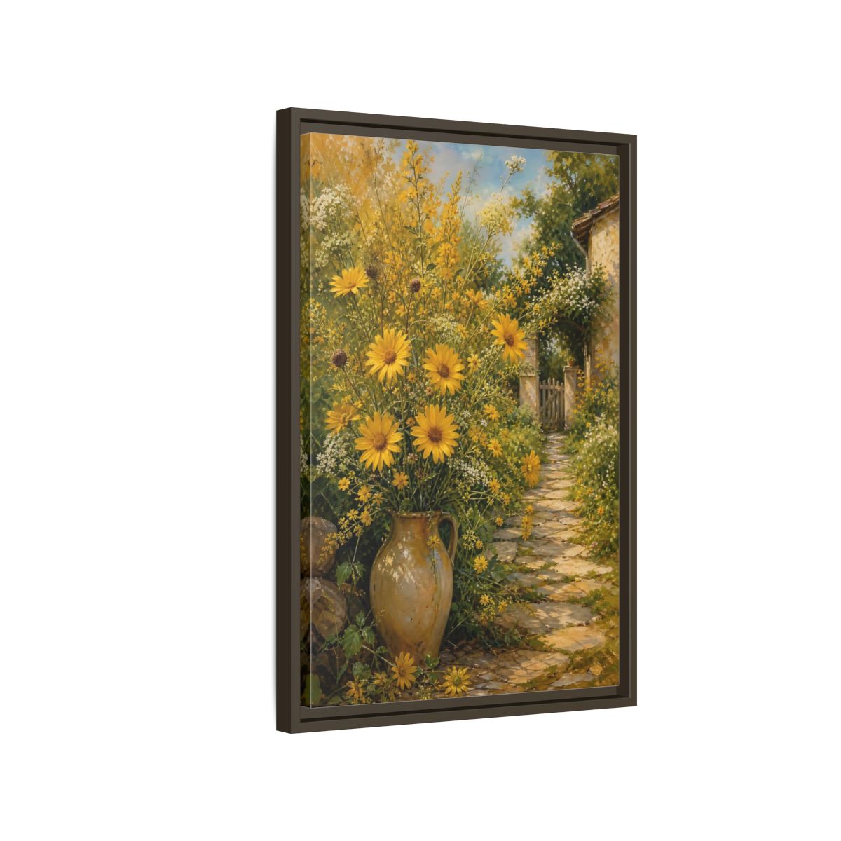 Side Mockup 2. Floral Yellow Flowers Yellow Garden shown as stretched canvas wall art