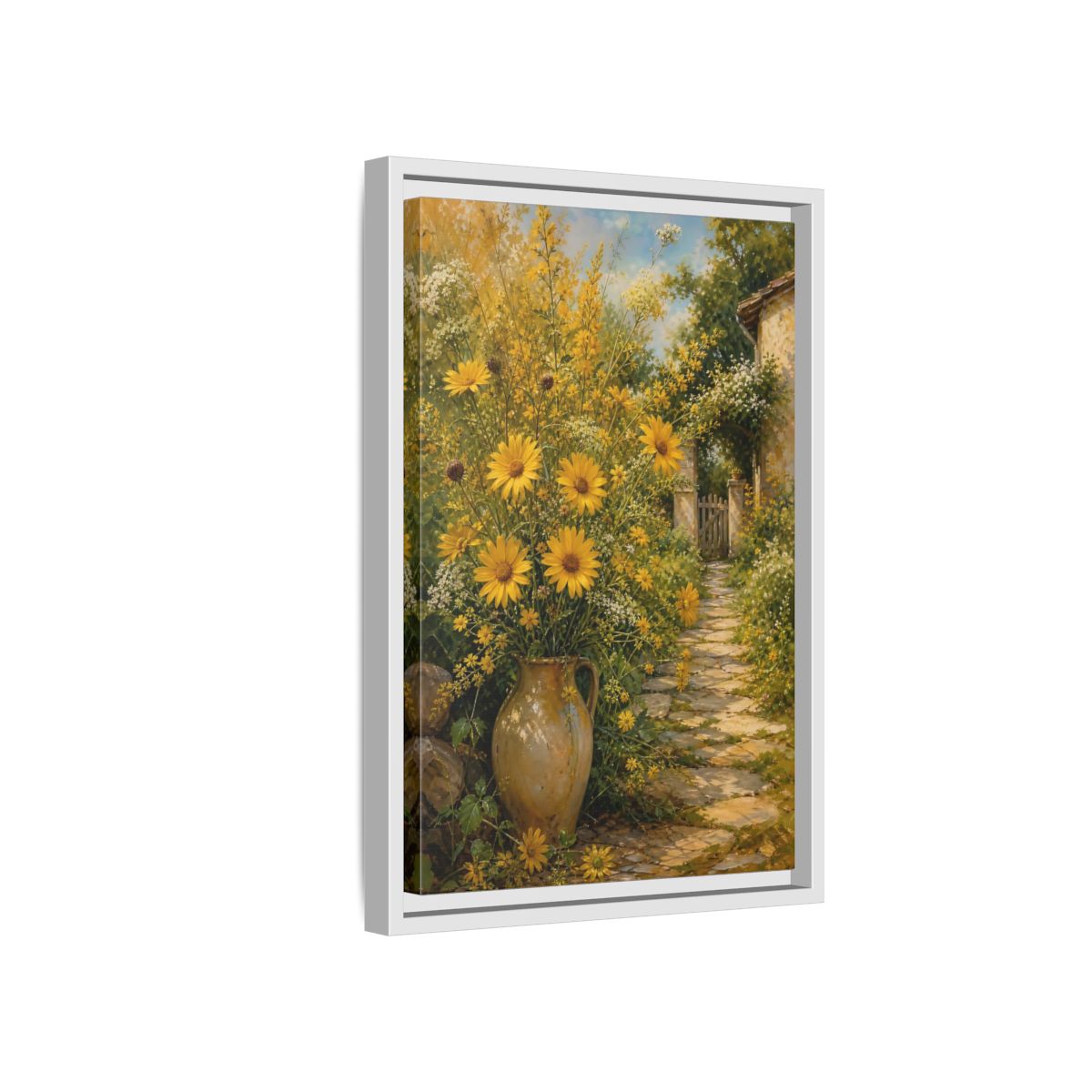 Side Mockup 4. Floral Yellow Flowers Yellow Garden shown as stretched canvas wall art